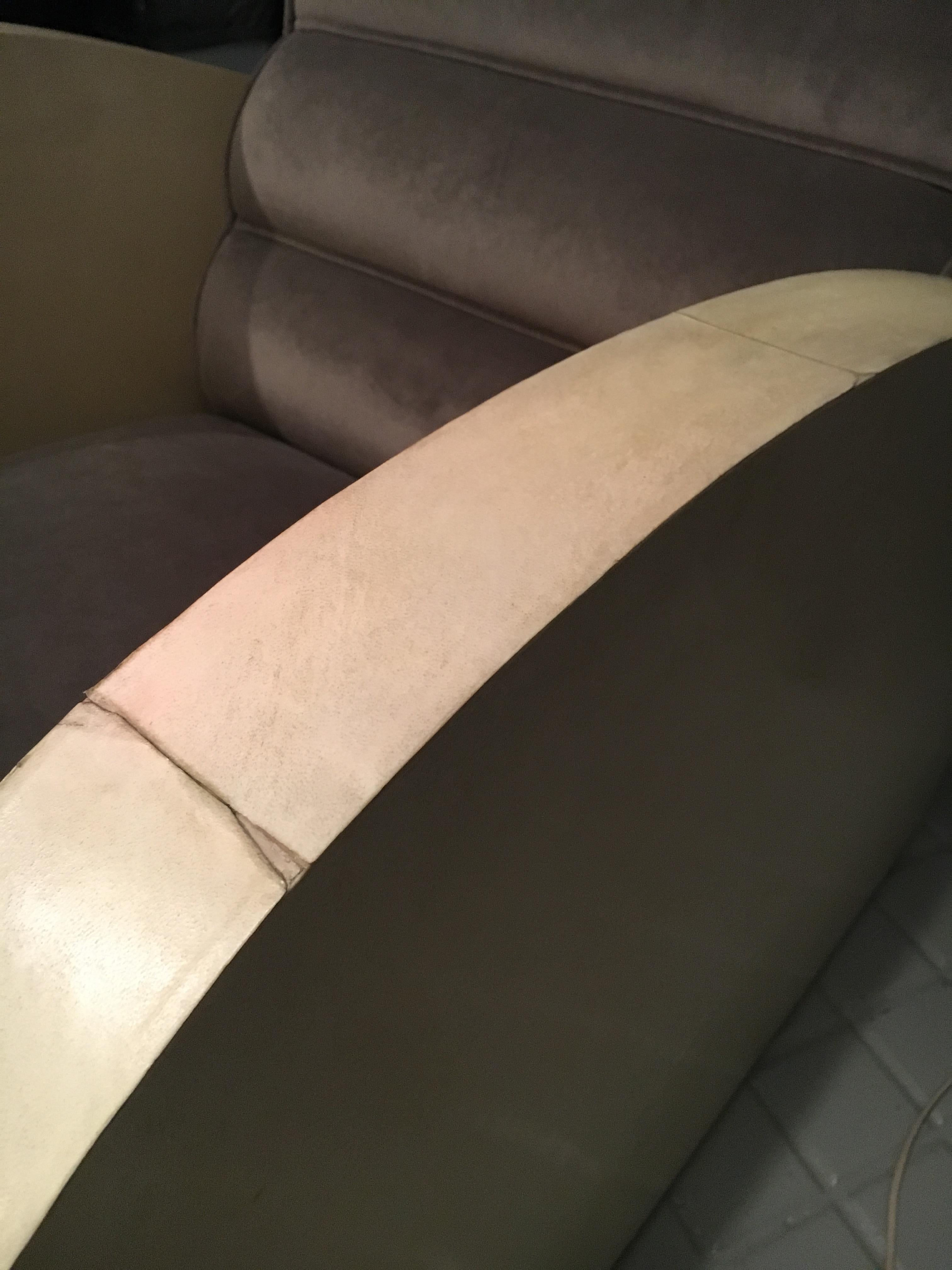 Art Deco Armchairs Covered in Parchment and Upholstered in Taupe Velvet For Sale 6