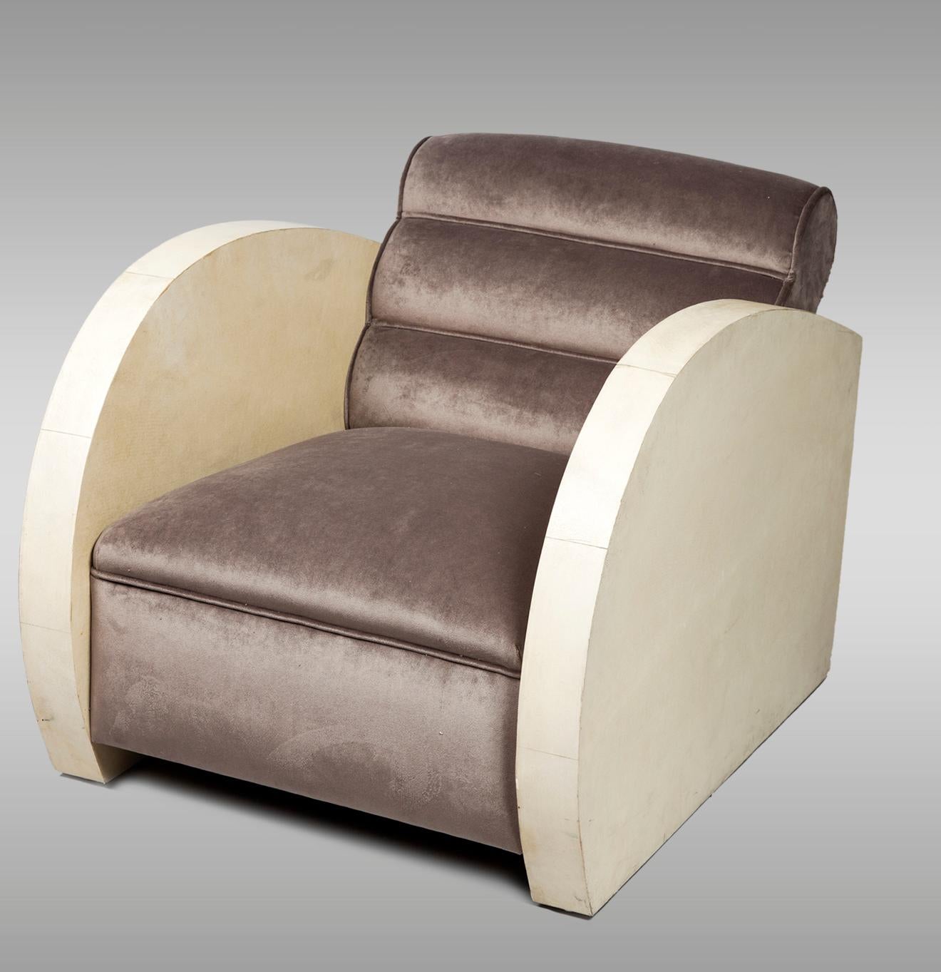 Art Deco Armchairs Covered in Parchment and Upholstered in Taupe Velvet In Excellent Condition For Sale In Saint-Ouen, FR