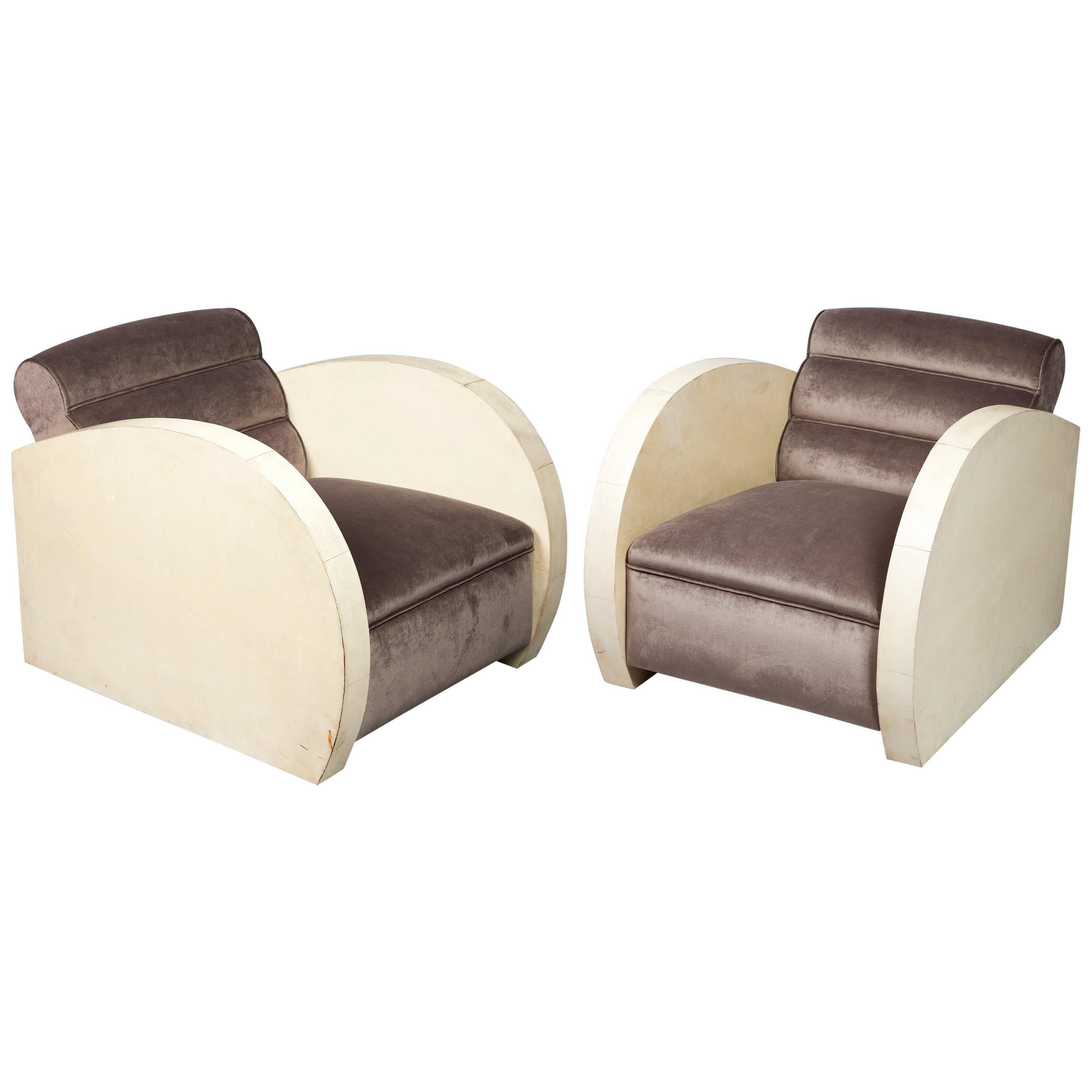 Art Deco Armchairs Covered in Parchment and Upholstered in Taupe Velvet For Sale