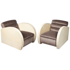 Poltrone Art Déco rivestite in pergamena e imbottite in velluto color taupe
