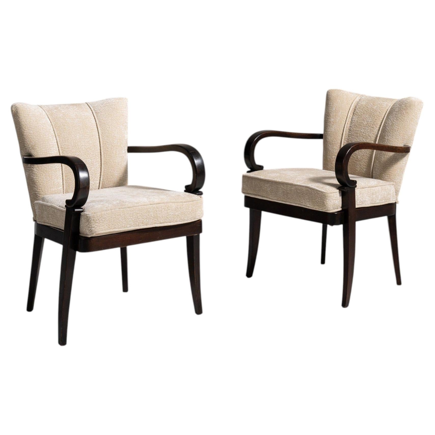 Art Deco Armchairs, Cream Fabric & Dark Wood, France, Circa 1940 Pair