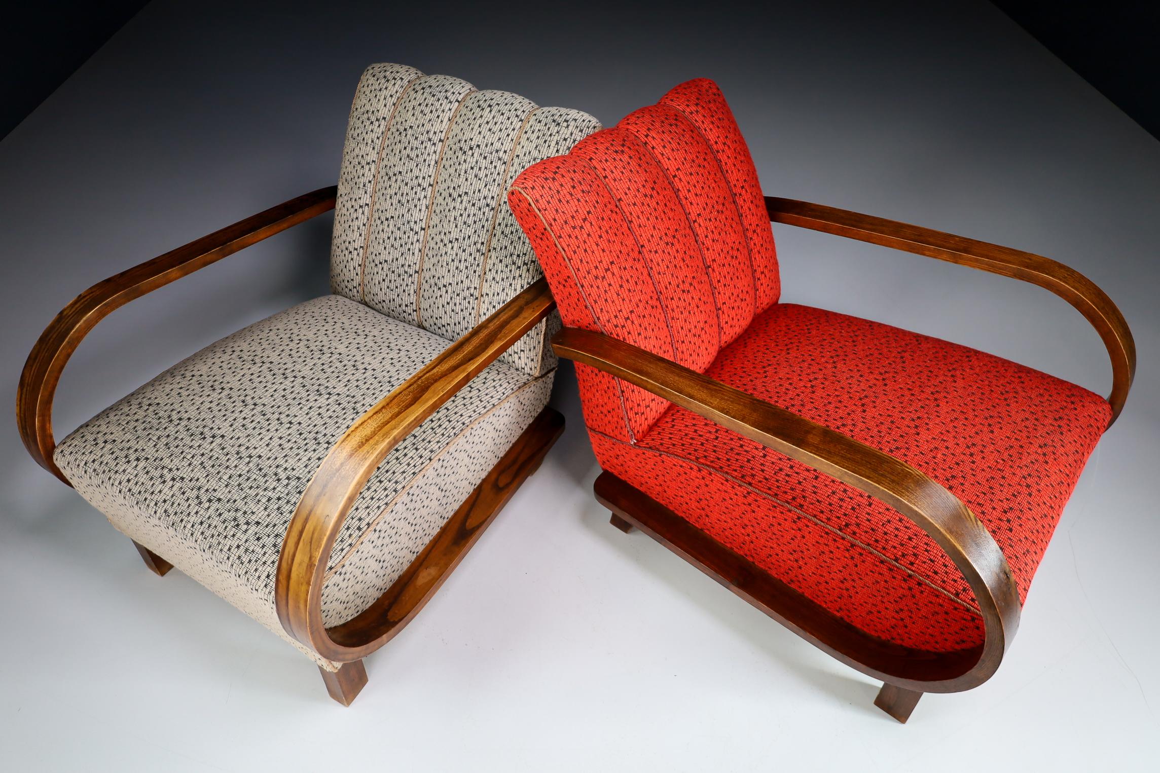 Autrichien Fauteuils Art déco en bois cintré et tissu d'origine, Autriche, années 1930