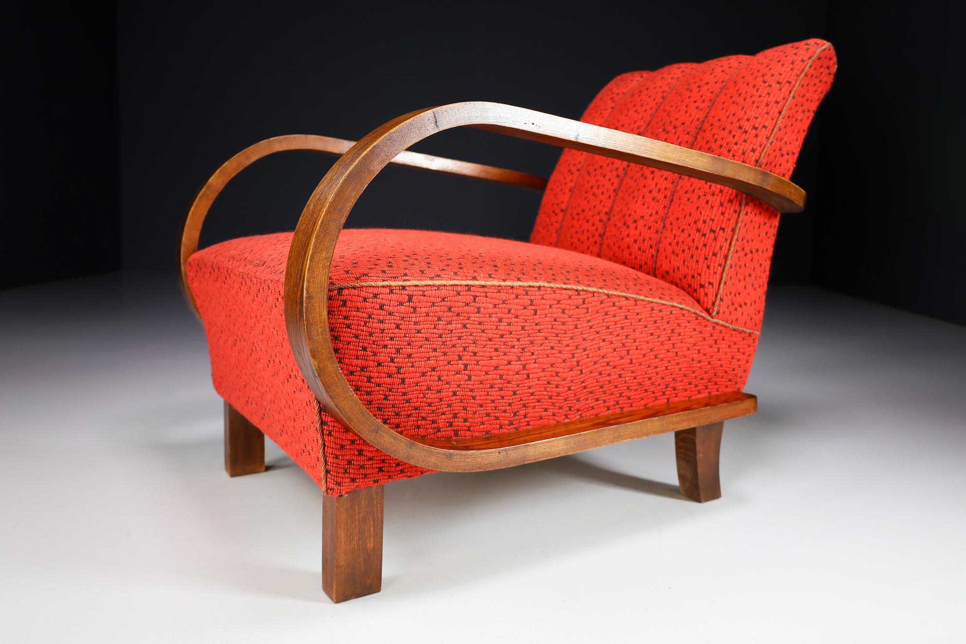 Fauteuils Art déco en bois cintré et tissu d'origine, Autriche, années 1930 Bon état à Almelo, NL