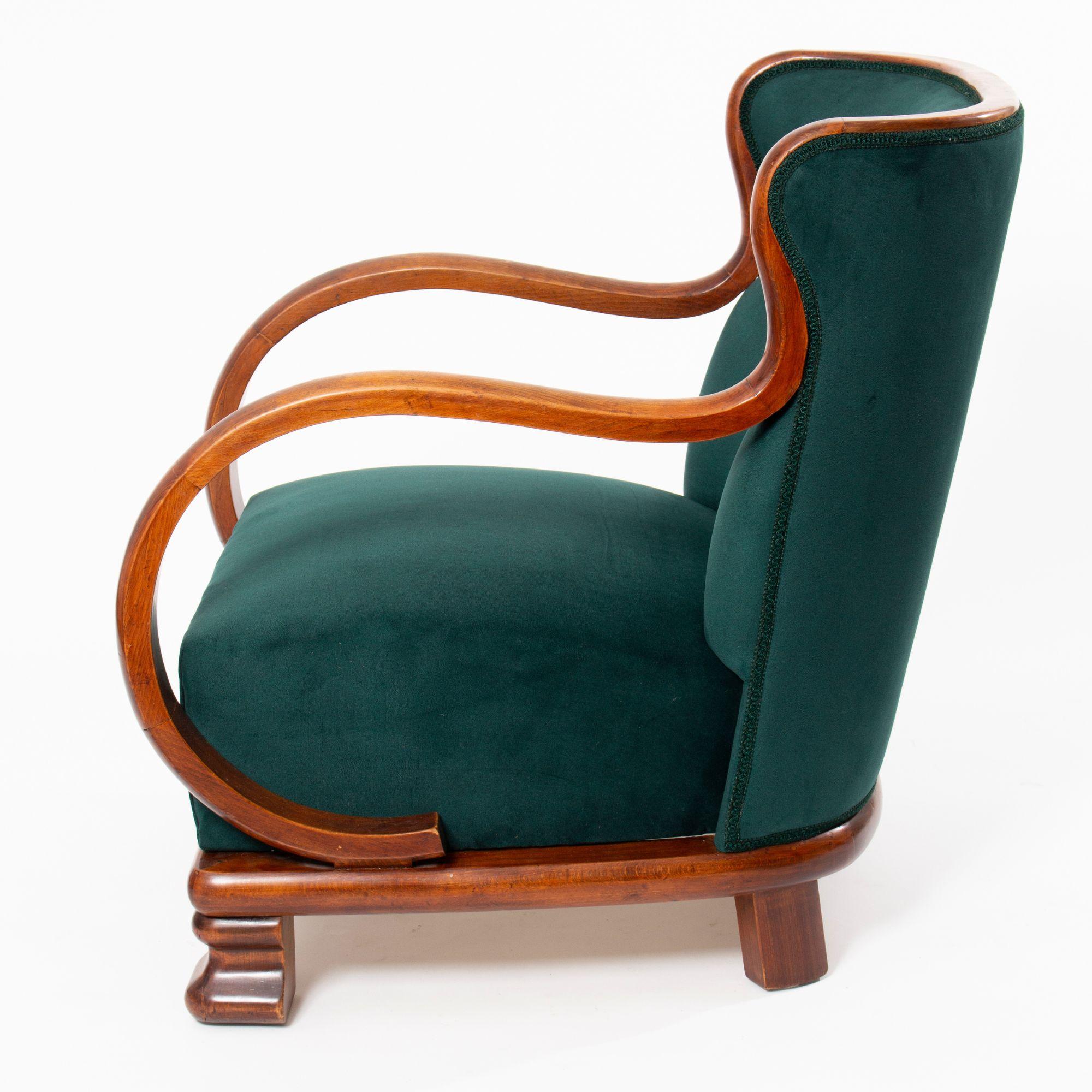 European Art Deco Armchairs in Green Velvet, 1930s For Sale