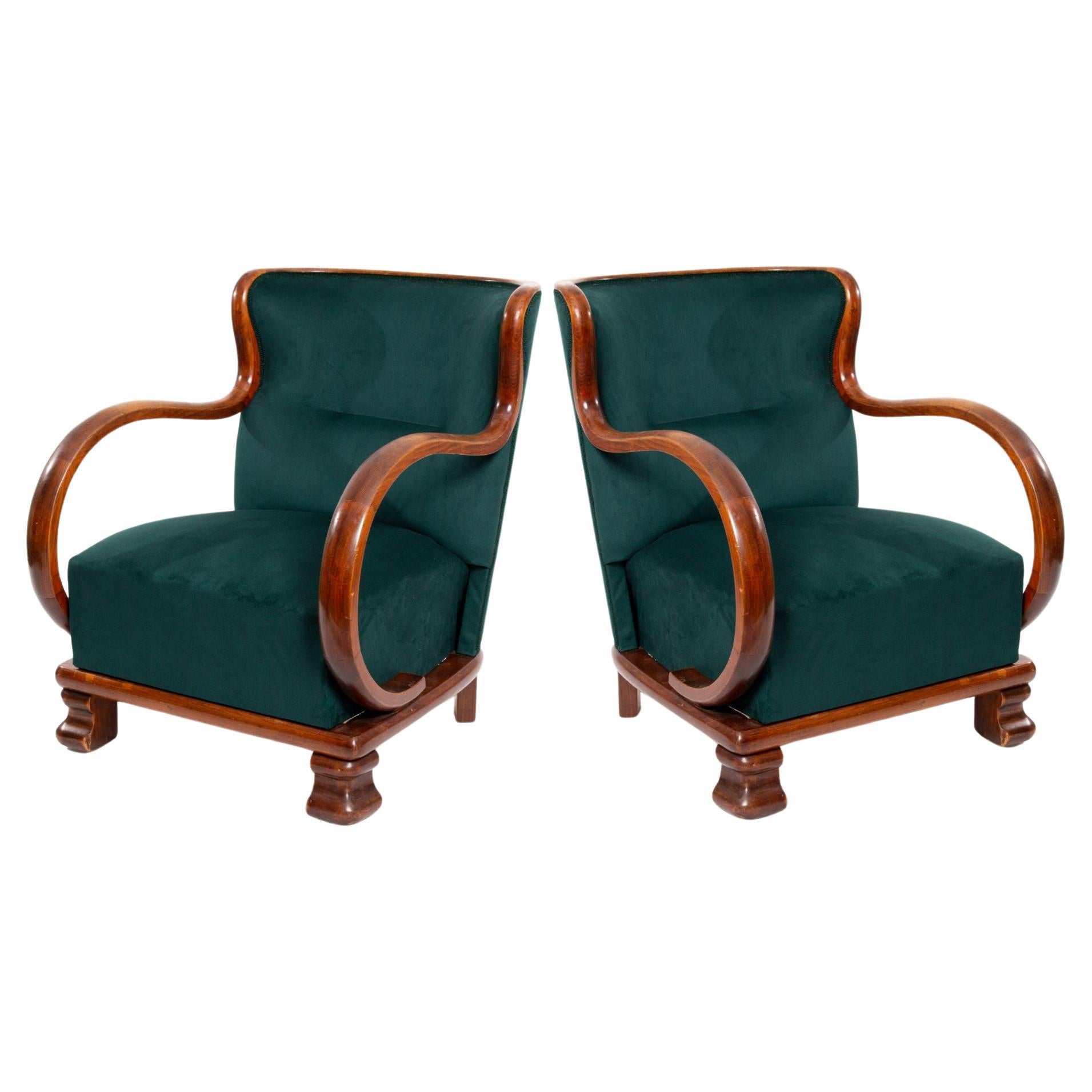 Art Deco Armchairs in Green Velvet, 1930s