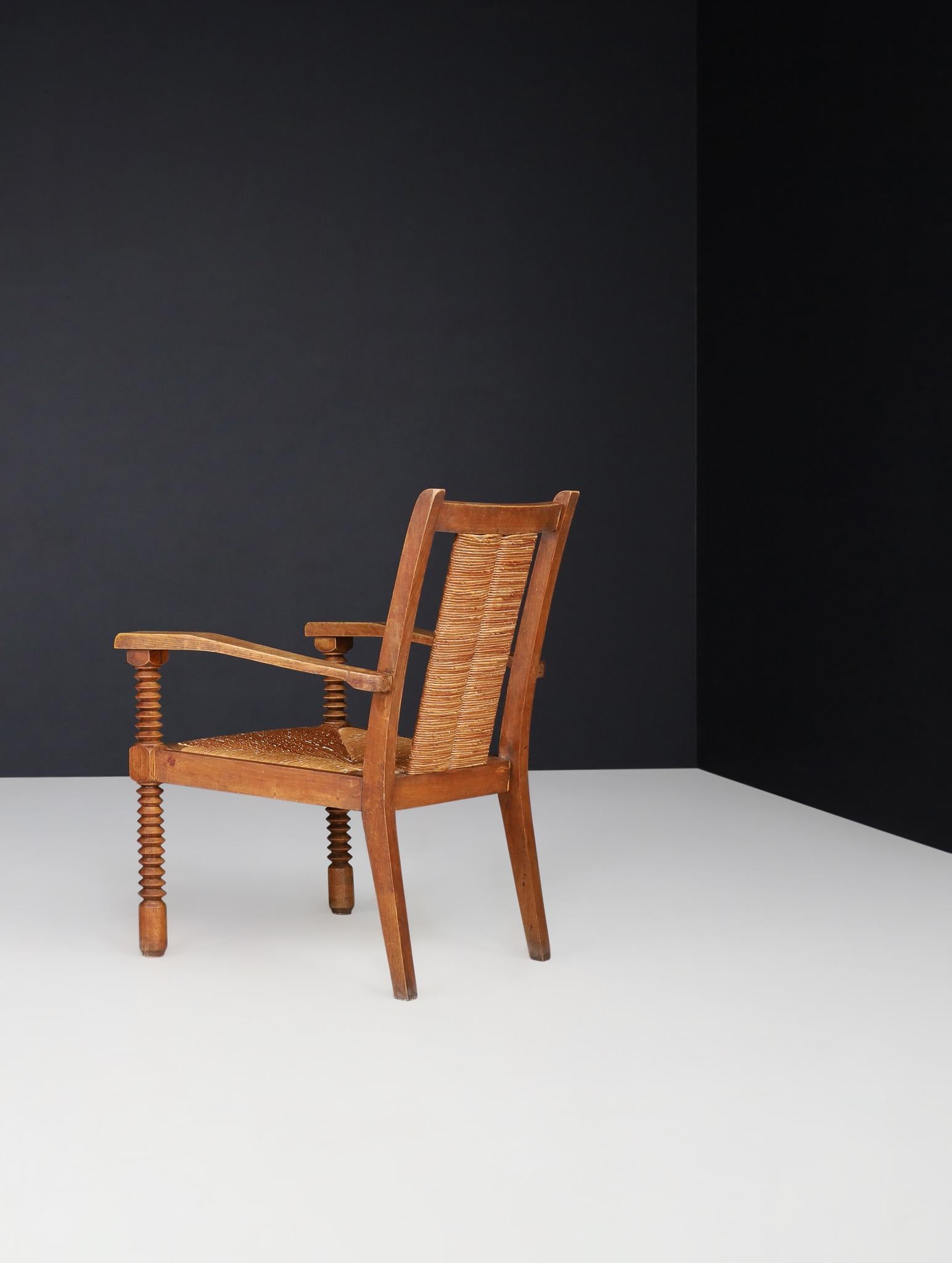 Art Deco Armchairs in Oak and Rush, France, 1930s 5