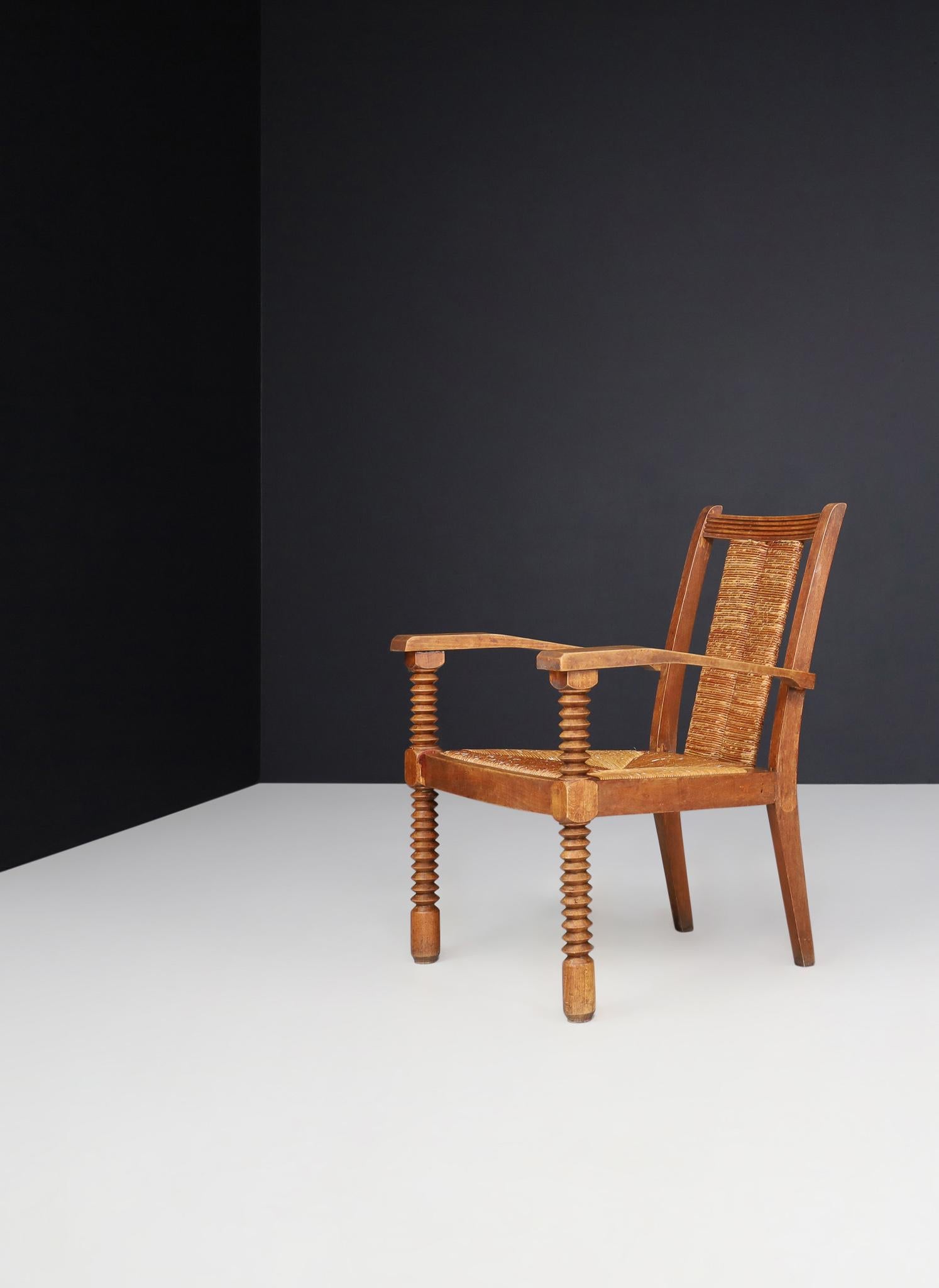 Art Deco Armchairs in Oak and Rush, France, 1930s 7