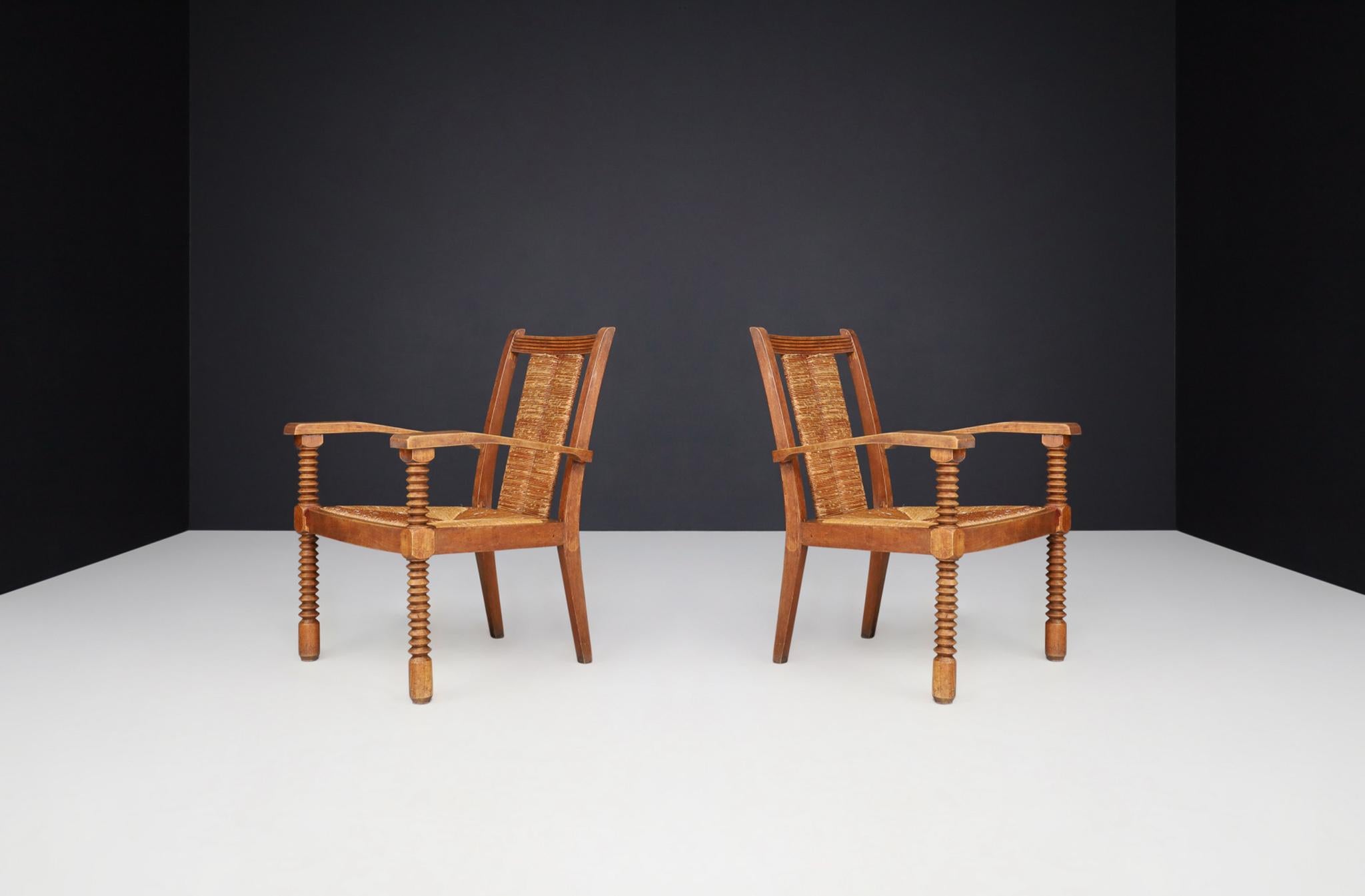 French Art Deco Armchairs in Oak and Rush, France, 1930s