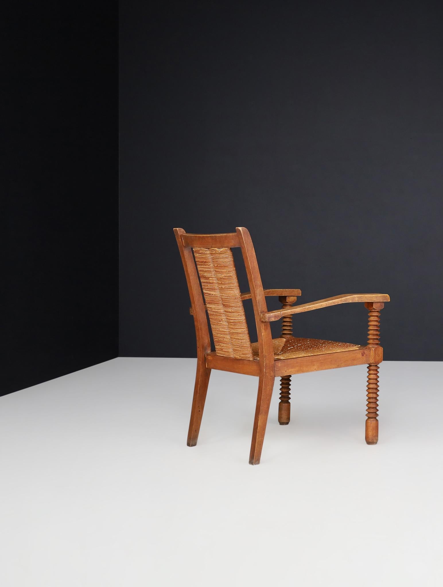 Art Deco Armchairs in Oak and Rush, France, 1930s 1