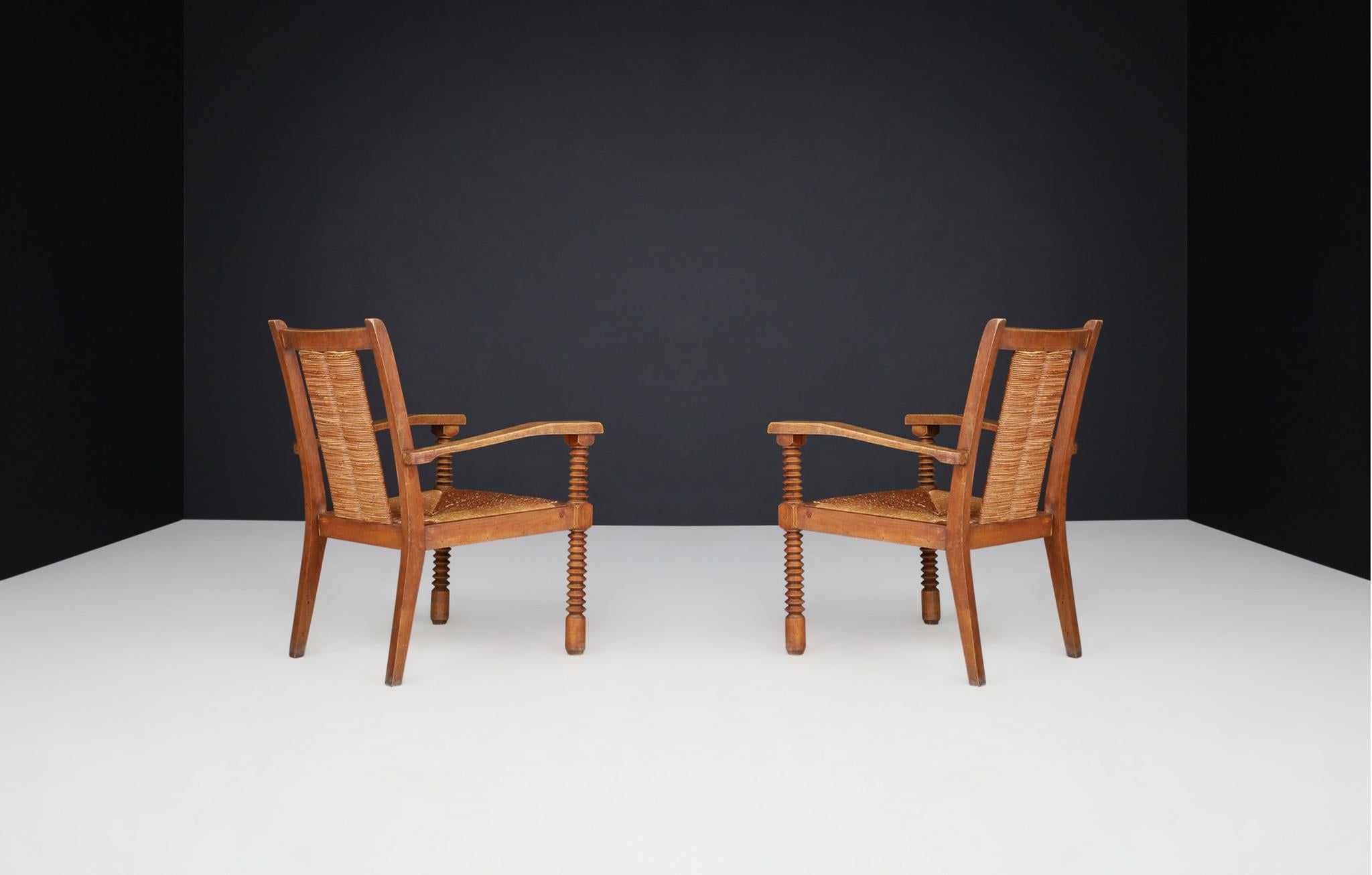 Art Deco Armchairs in Oak and Rush, France, 1930s 2