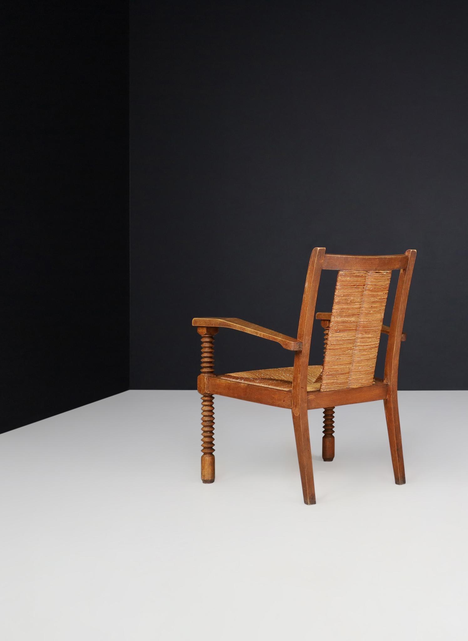 Art Deco Armchairs in Oak and Rush, France, 1930s 4