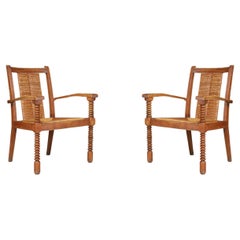 Art Deco Armchairs in Oak and Rush, France, 1930s