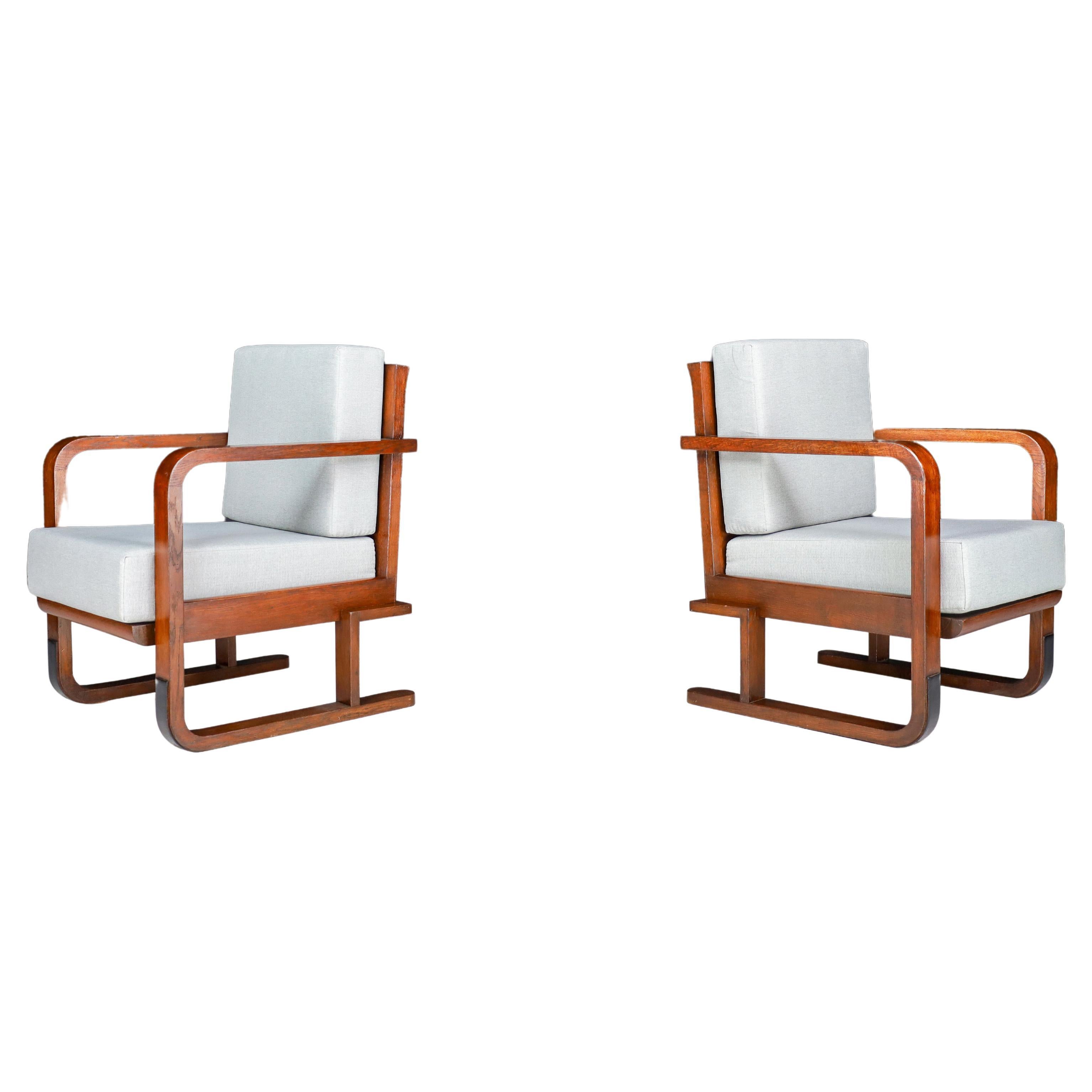 Art Deco Armchairs In Oak Bentwood and New Upholstery, Austria 1930