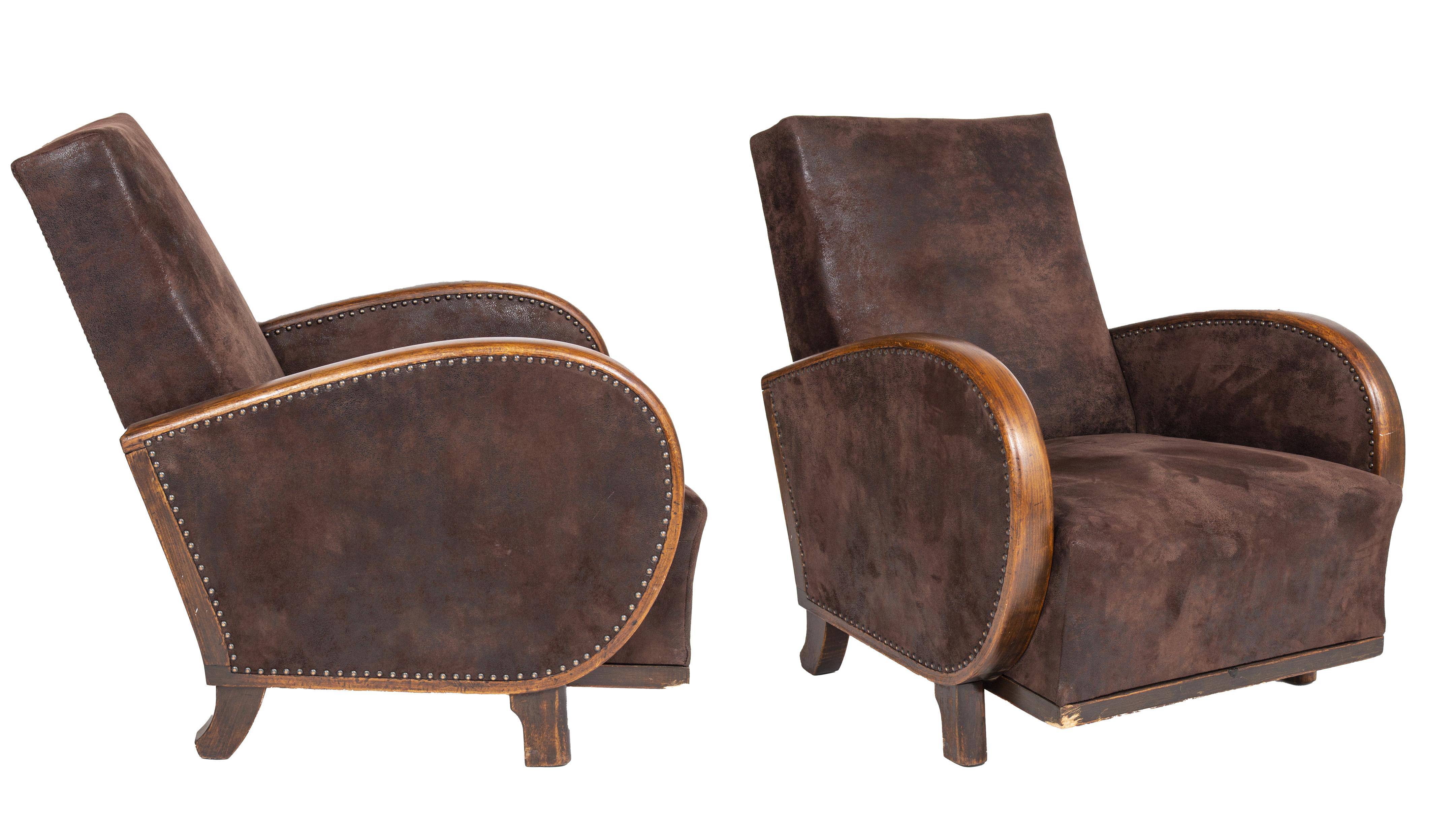 Art Deco armchairs from the 1930s, with brown faux leather upholstery.