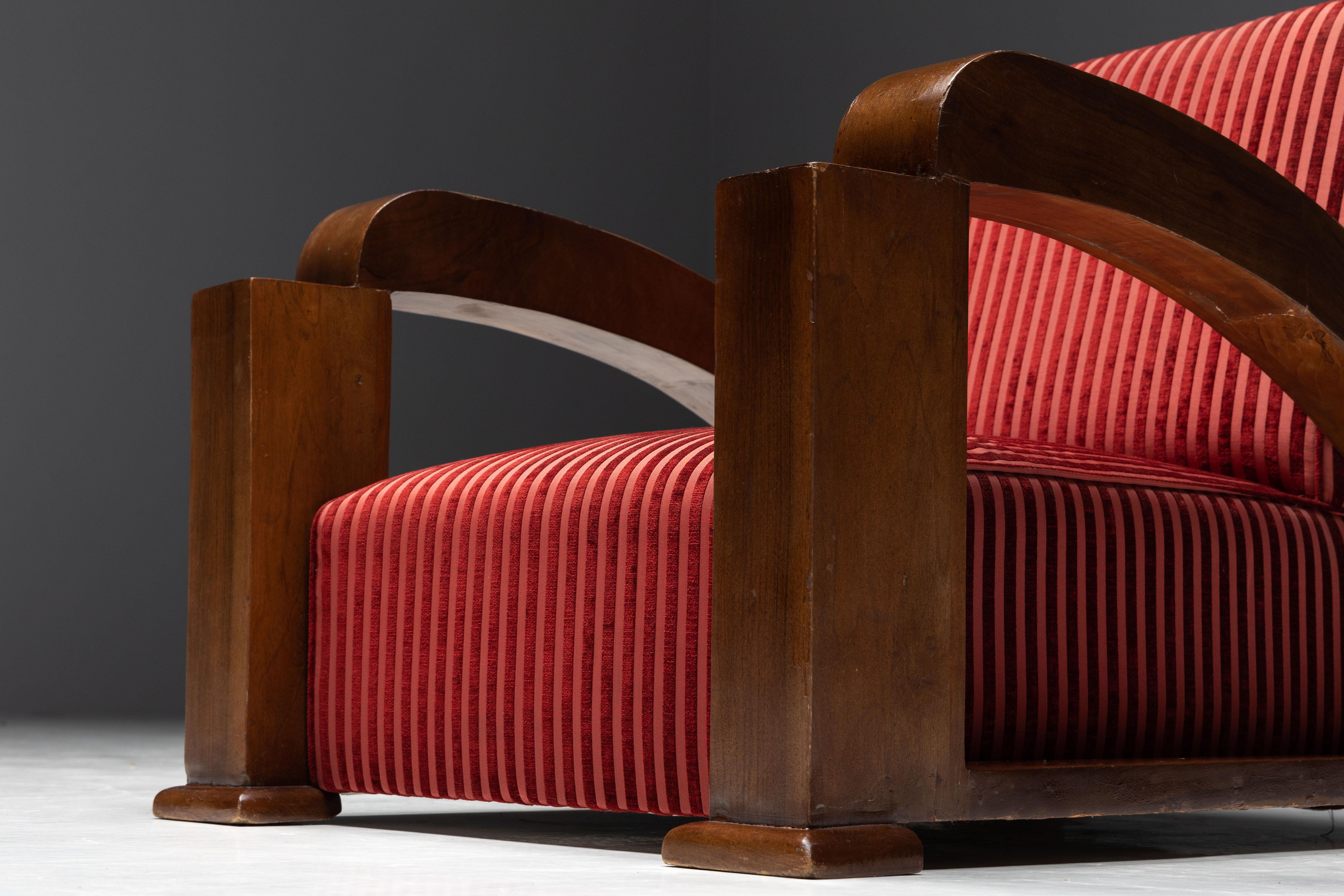 Art Deco Armchairs in Red Striped Velvet and with Swoosh Armrests, France, 1940s For Sale 3