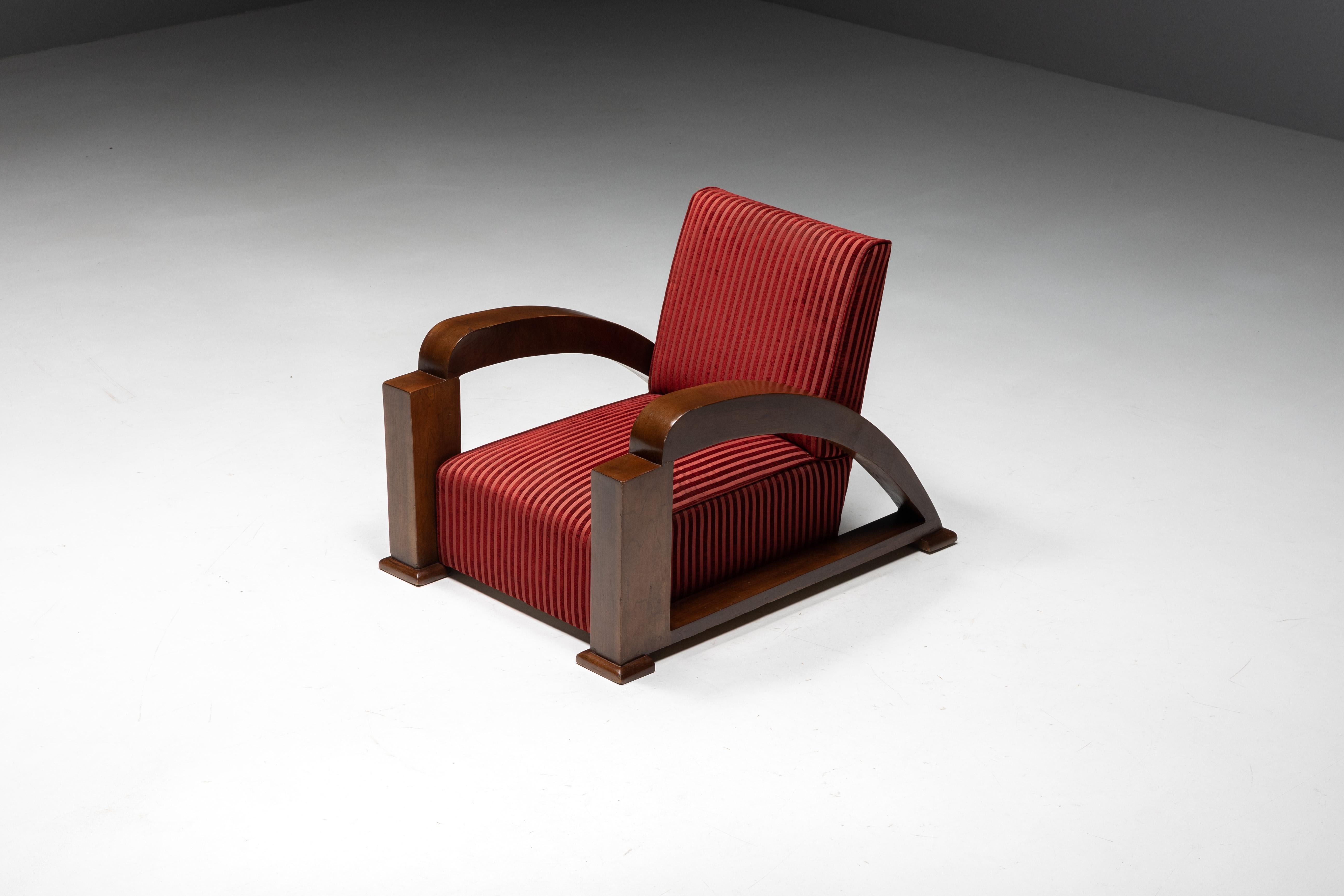 Art déco-Sessel aus rot gestreiftem Samt und mit Schurwoll-Armlehnen, Frankreich, 1940er Jahre im Angebot 4
