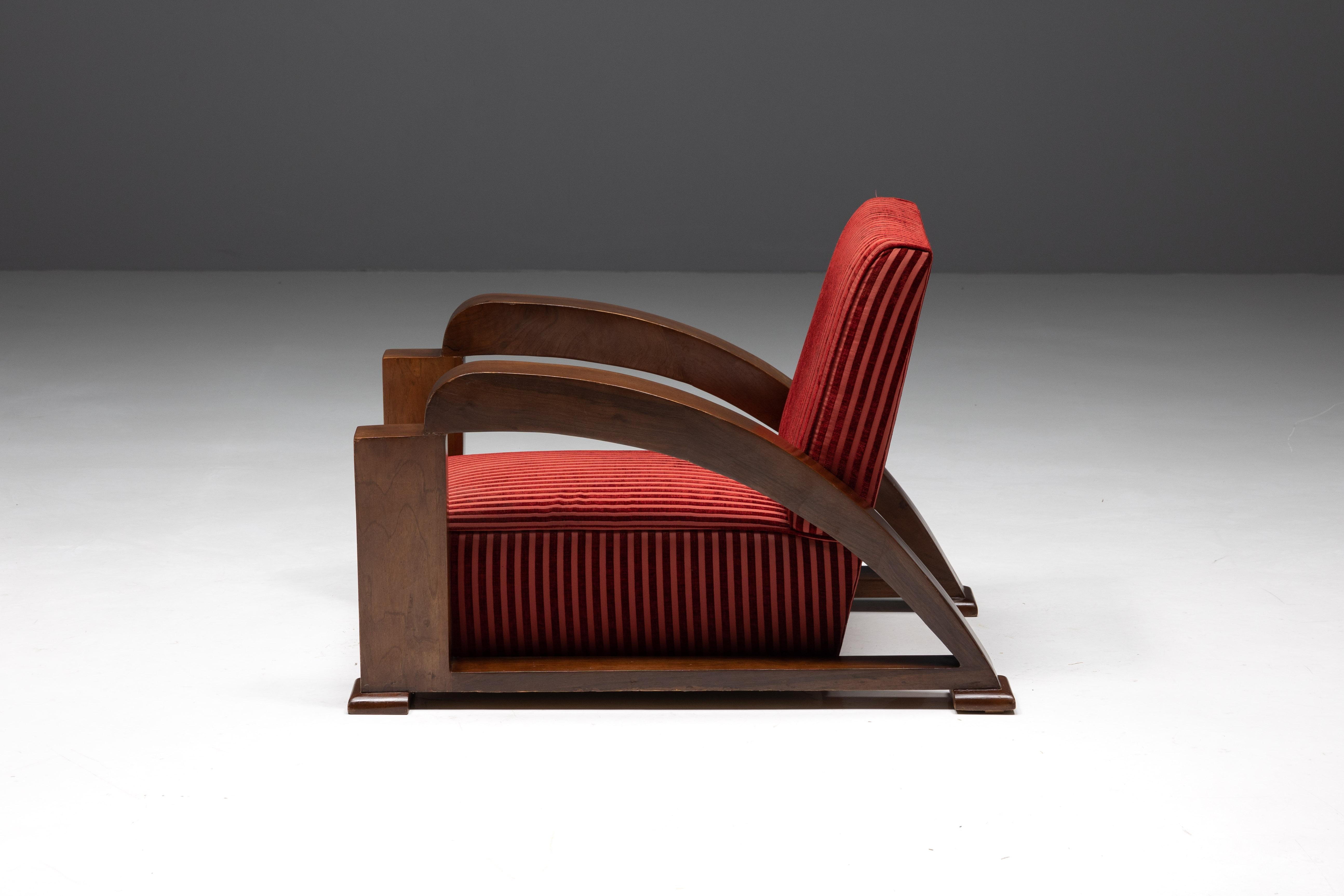 Art déco-Sessel aus rot gestreiftem Samt und mit Schurwoll-Armlehnen, Frankreich, 1940er Jahre im Angebot 5
