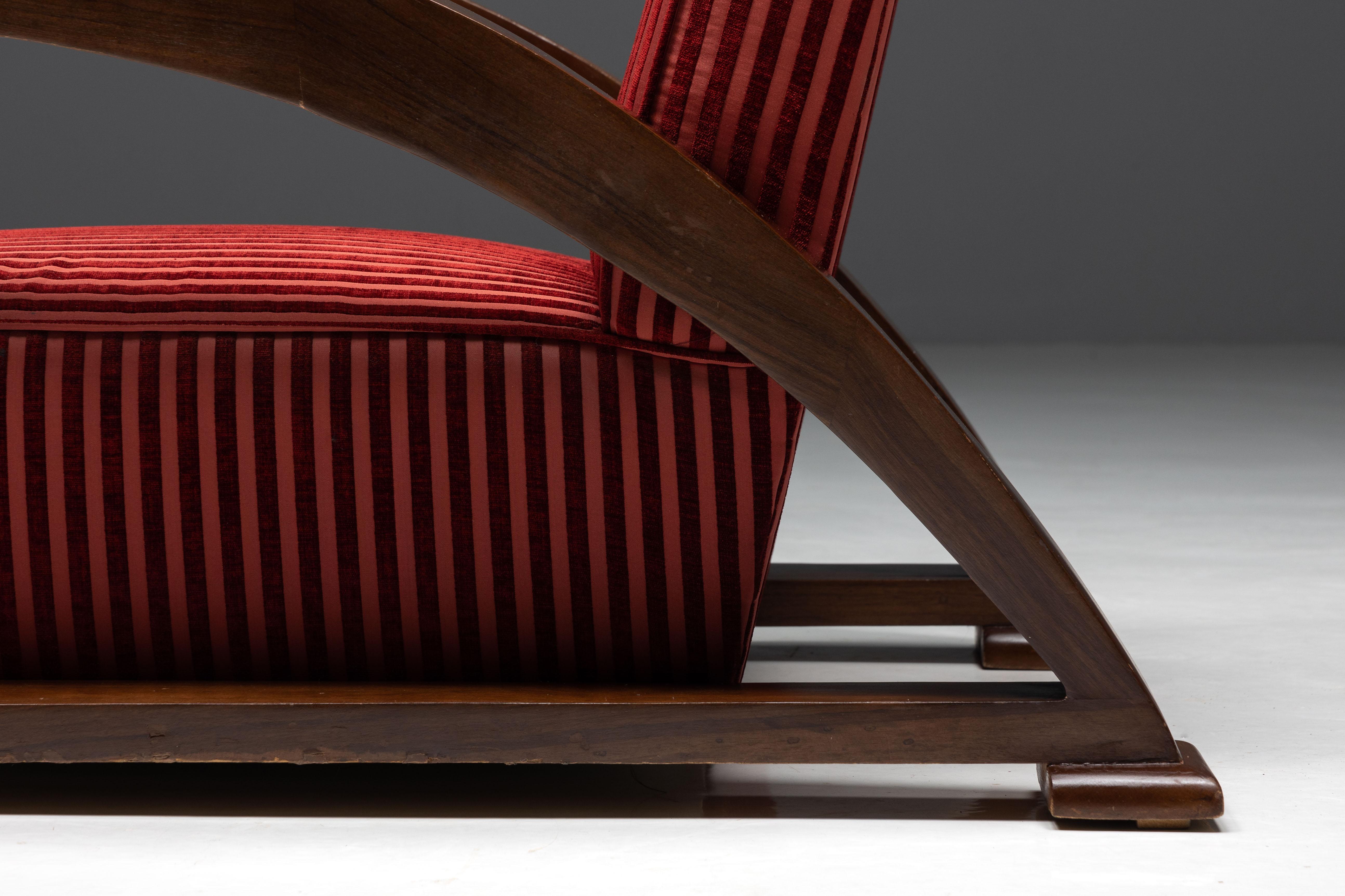Art déco-Sessel aus rot gestreiftem Samt und mit Schurwoll-Armlehnen, Frankreich, 1940er Jahre im Angebot 6