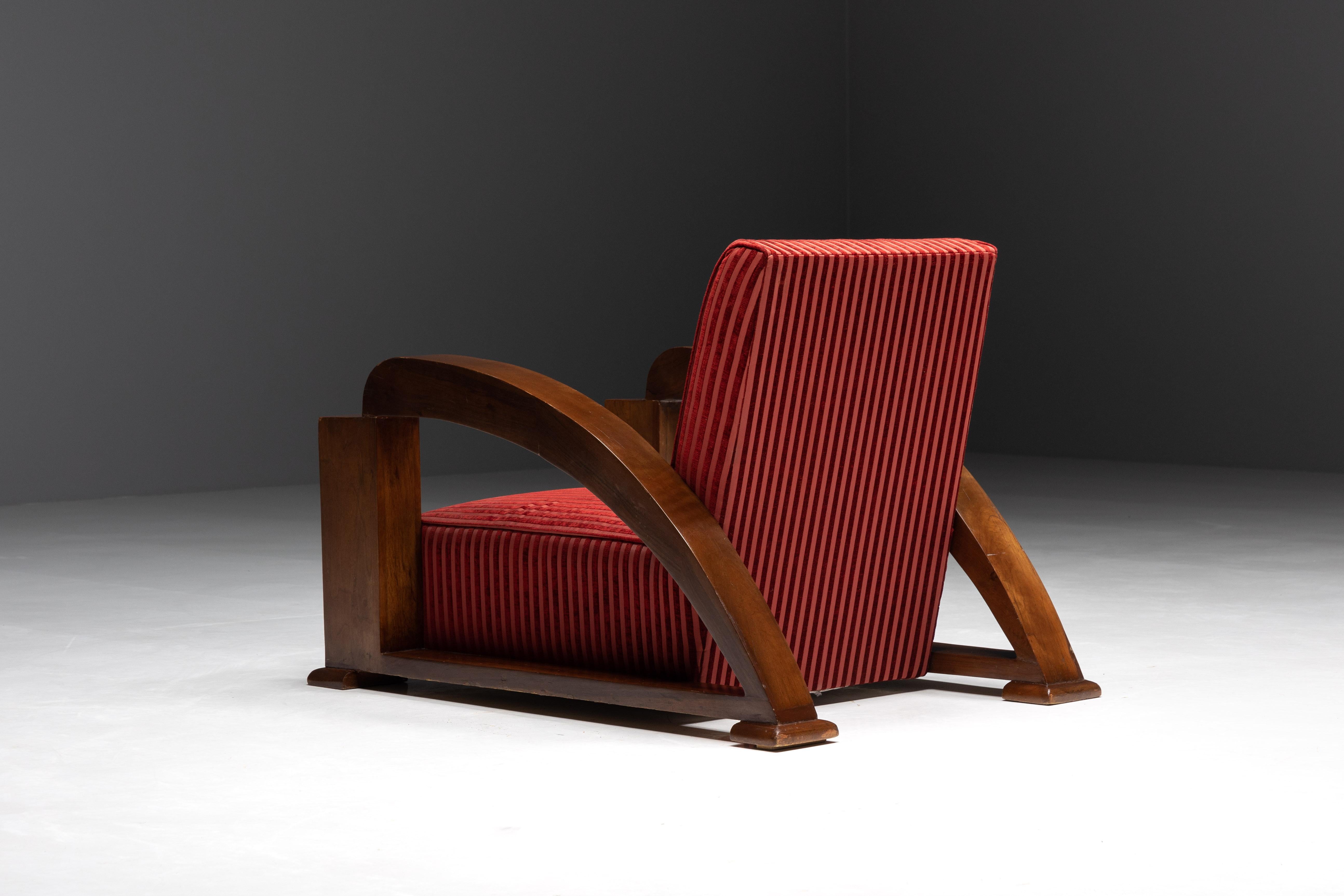 Art Deco Armchairs in Red Striped Velvet and with Swoosh Armrests, France, 1940s For Sale 7