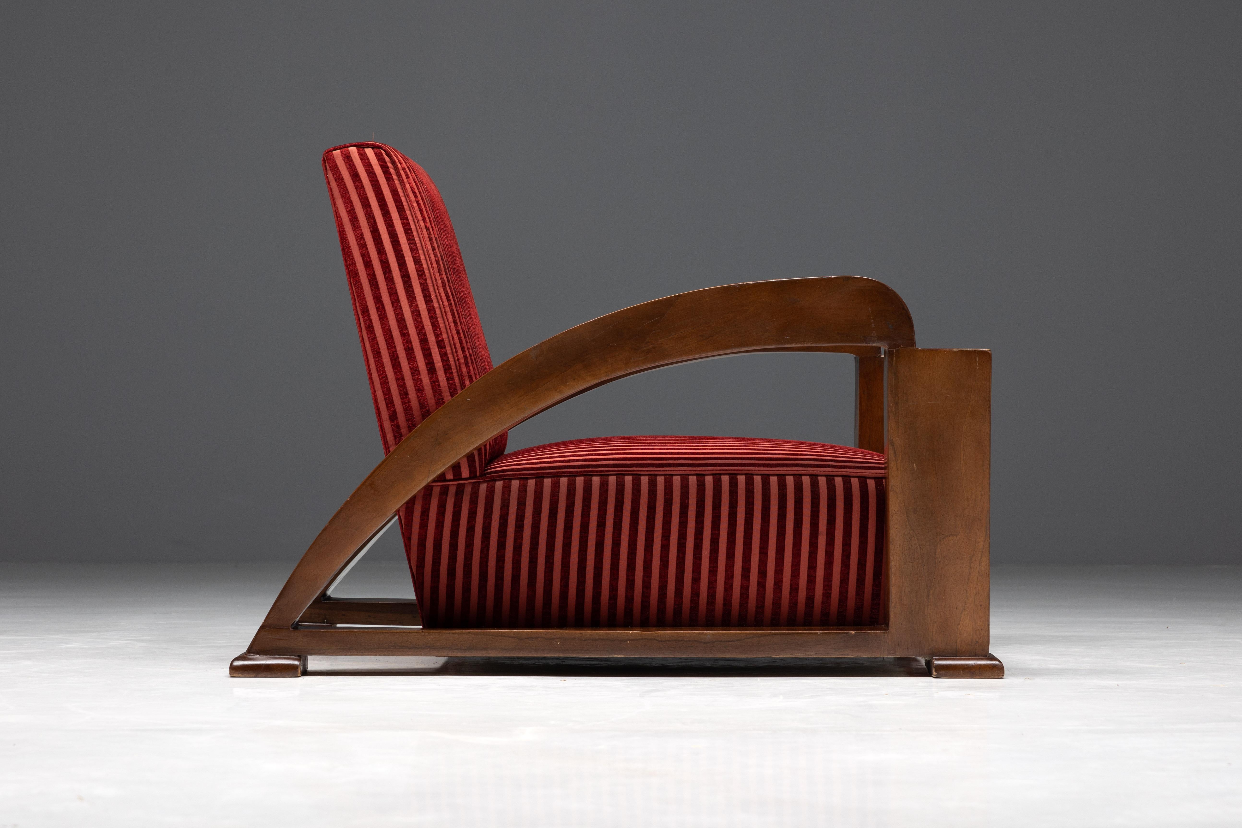 Art Deco Armchairs in Red Striped Velvet and with Swoosh Armrests, France, 1940s For Sale 8