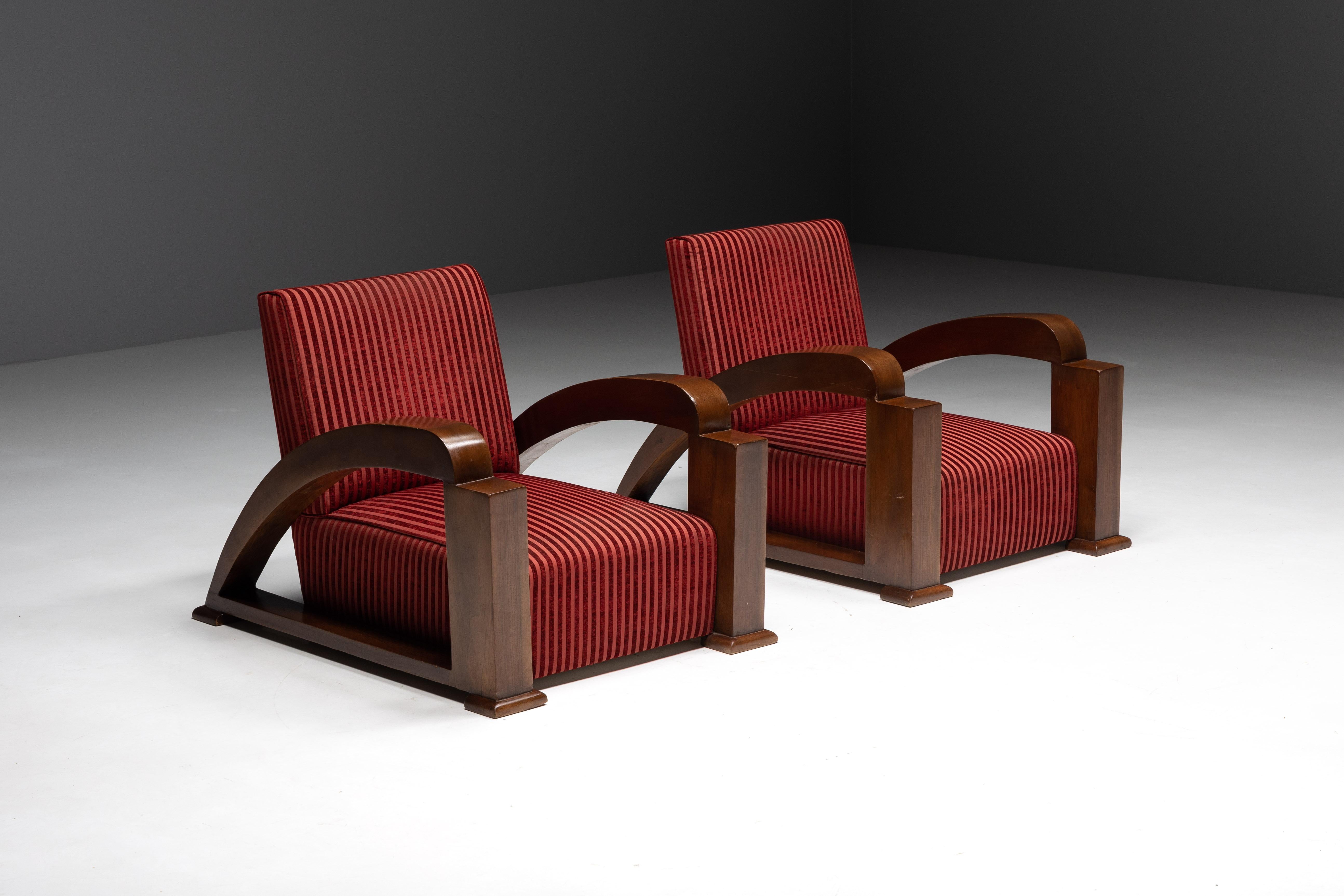 French Art Deco Armchairs in Red Striped Velvet and with Swoosh Armrests, France, 1940s For Sale