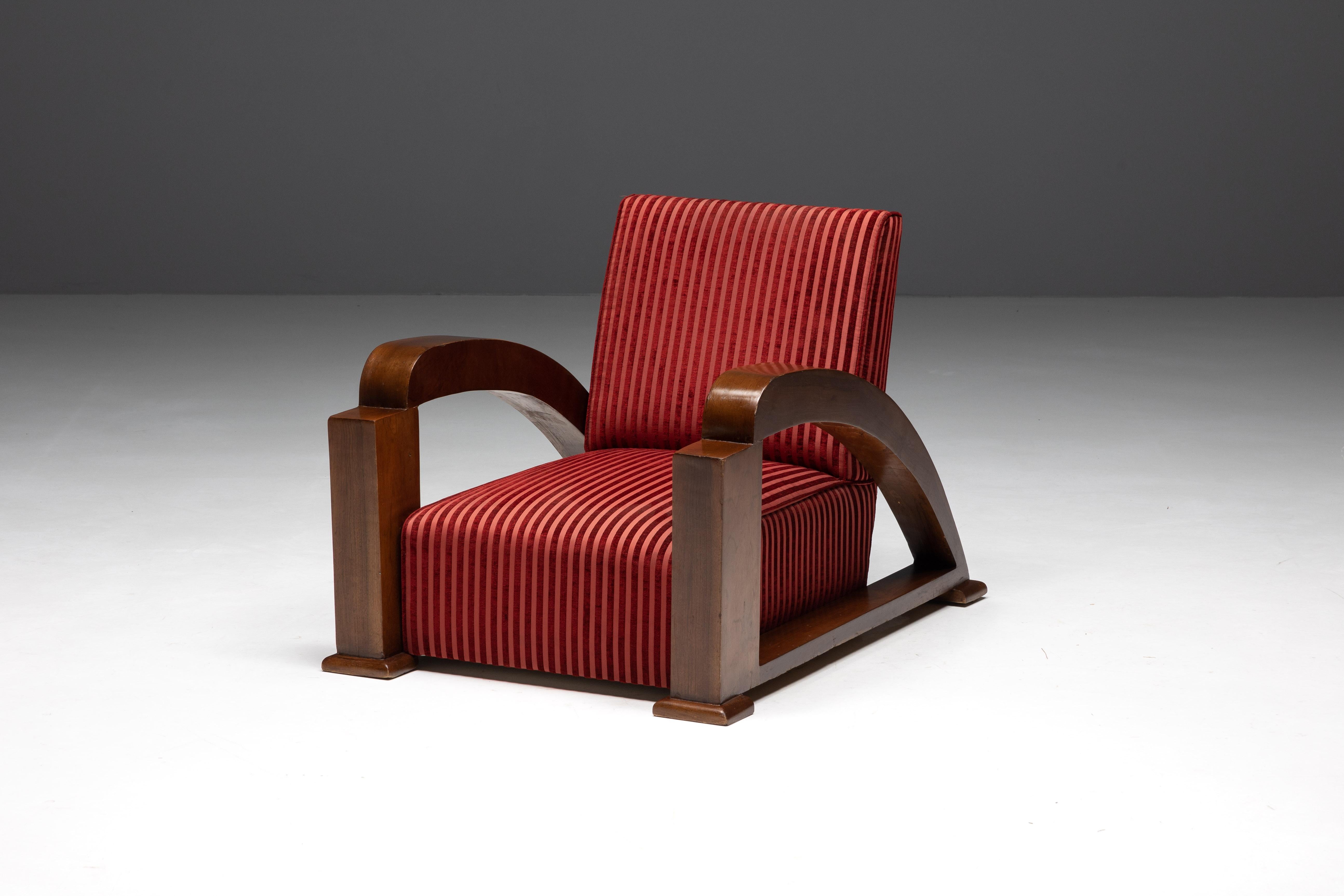 Art déco-Sessel aus rot gestreiftem Samt und mit Schurwoll-Armlehnen, Frankreich, 1940er Jahre (20. Jahrhundert) im Angebot