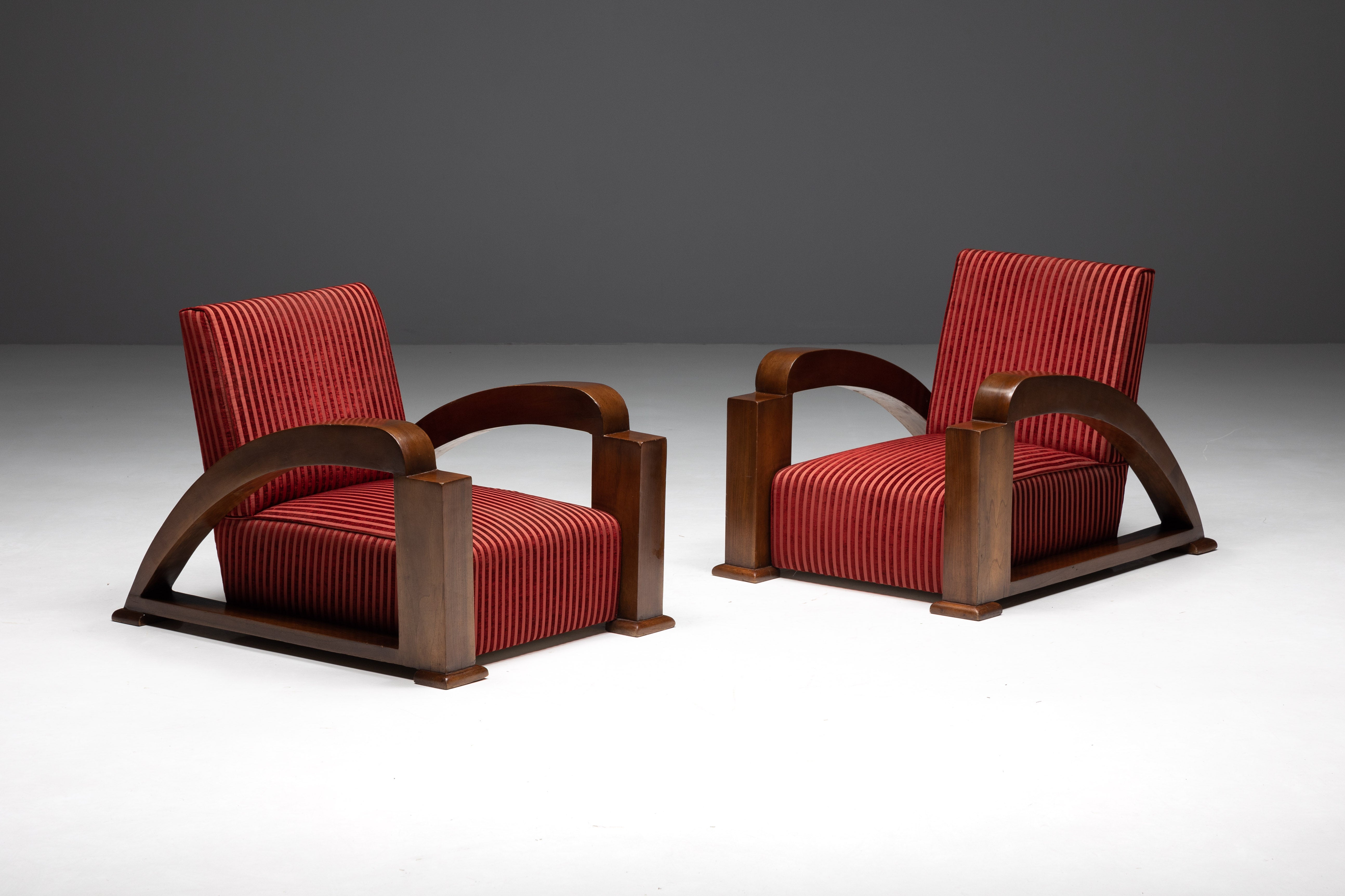 Art Deco Armchairs in Red Striped Velvet and with Swoosh Armrests, France, 1940s For Sale
