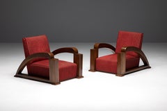 Vintage Art Deco Armchairs in Red Striped Velvet and with Swoosh Armrests, France, 1940s