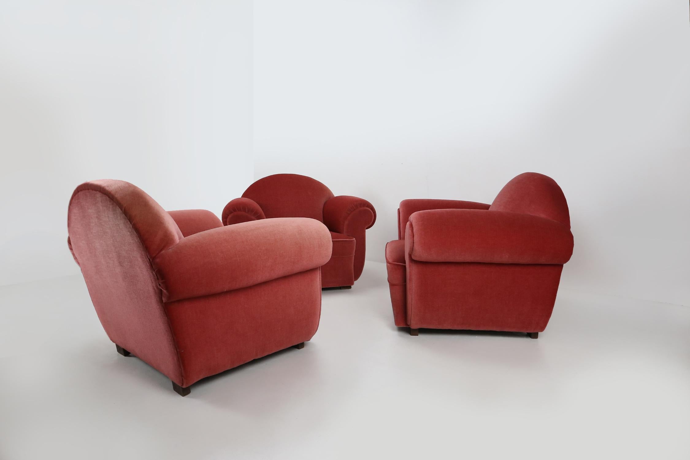 French Art Deco armchairs in red upholstery, 1930 For Sale