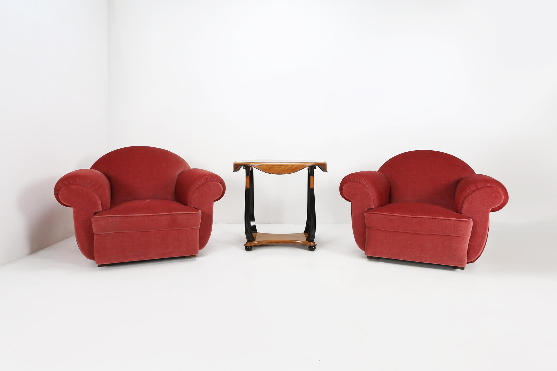 Velvet Art Deco armchairs in red upholstery, 1930 For Sale