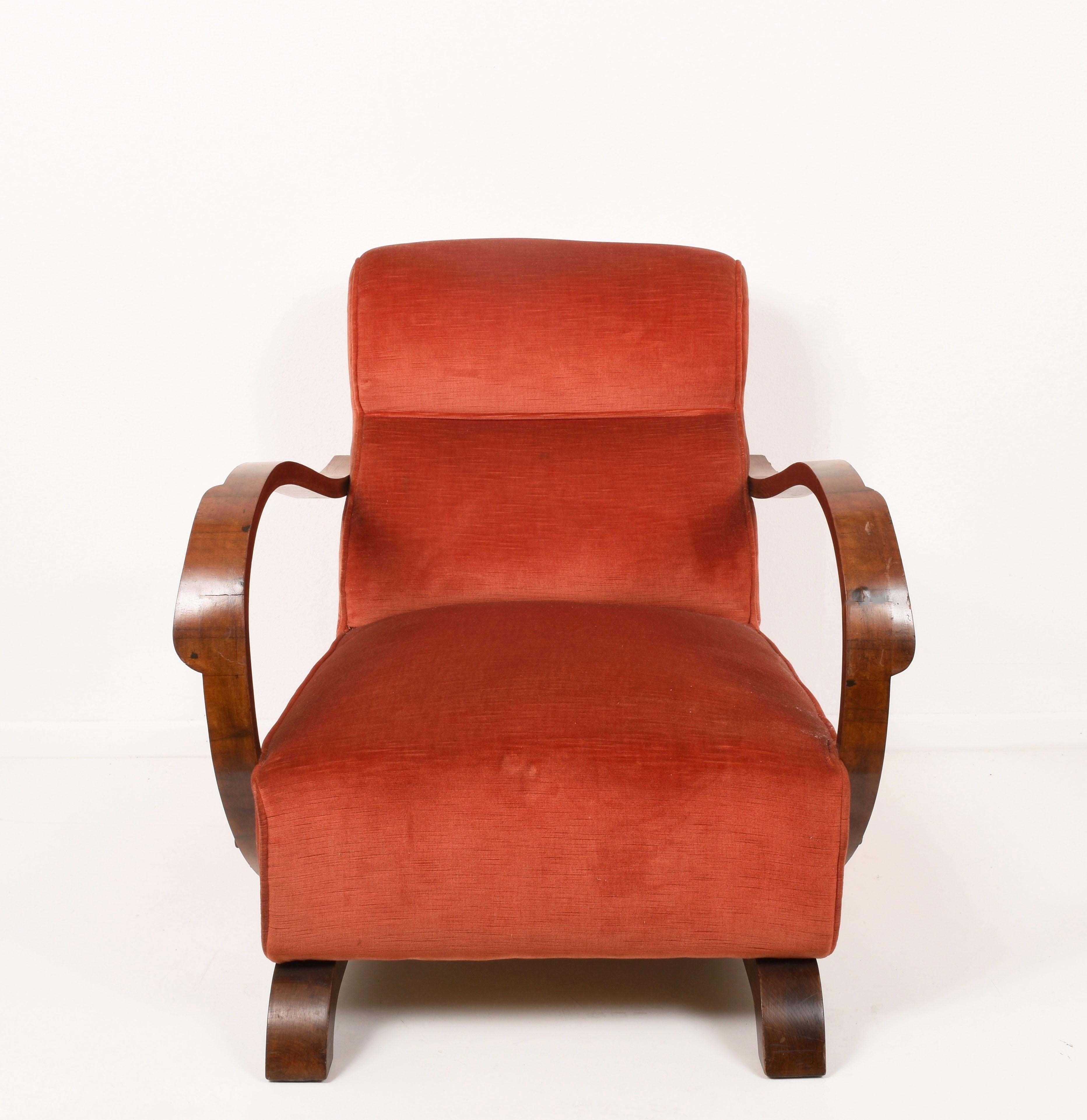 Art Deco Armchairs in Walnut and Fabric and an Ottoman, Italy, circa 1930 5