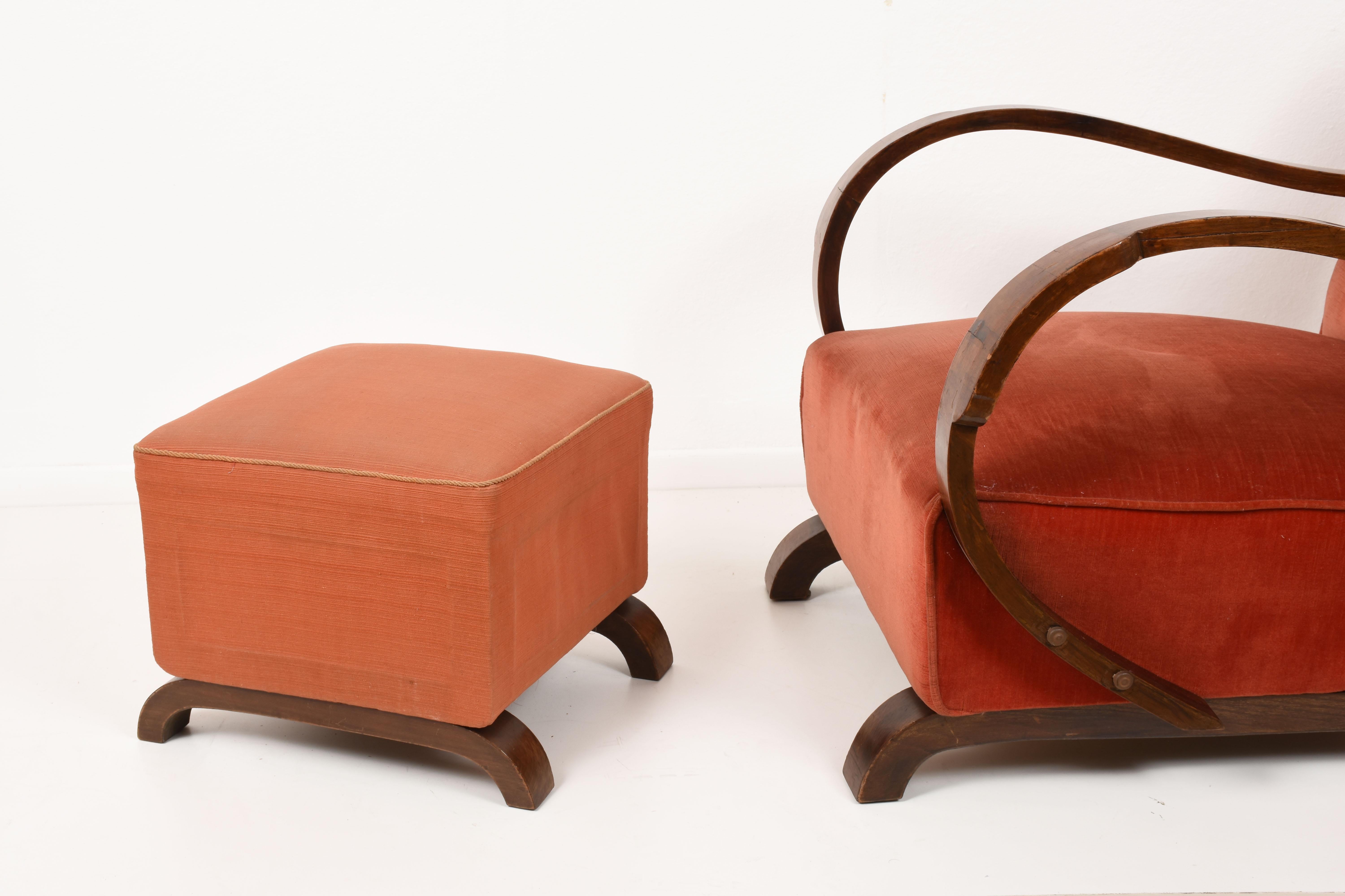 Art Deco Armchairs in Walnut and Fabric and an Ottoman, Italy, circa 1930 8