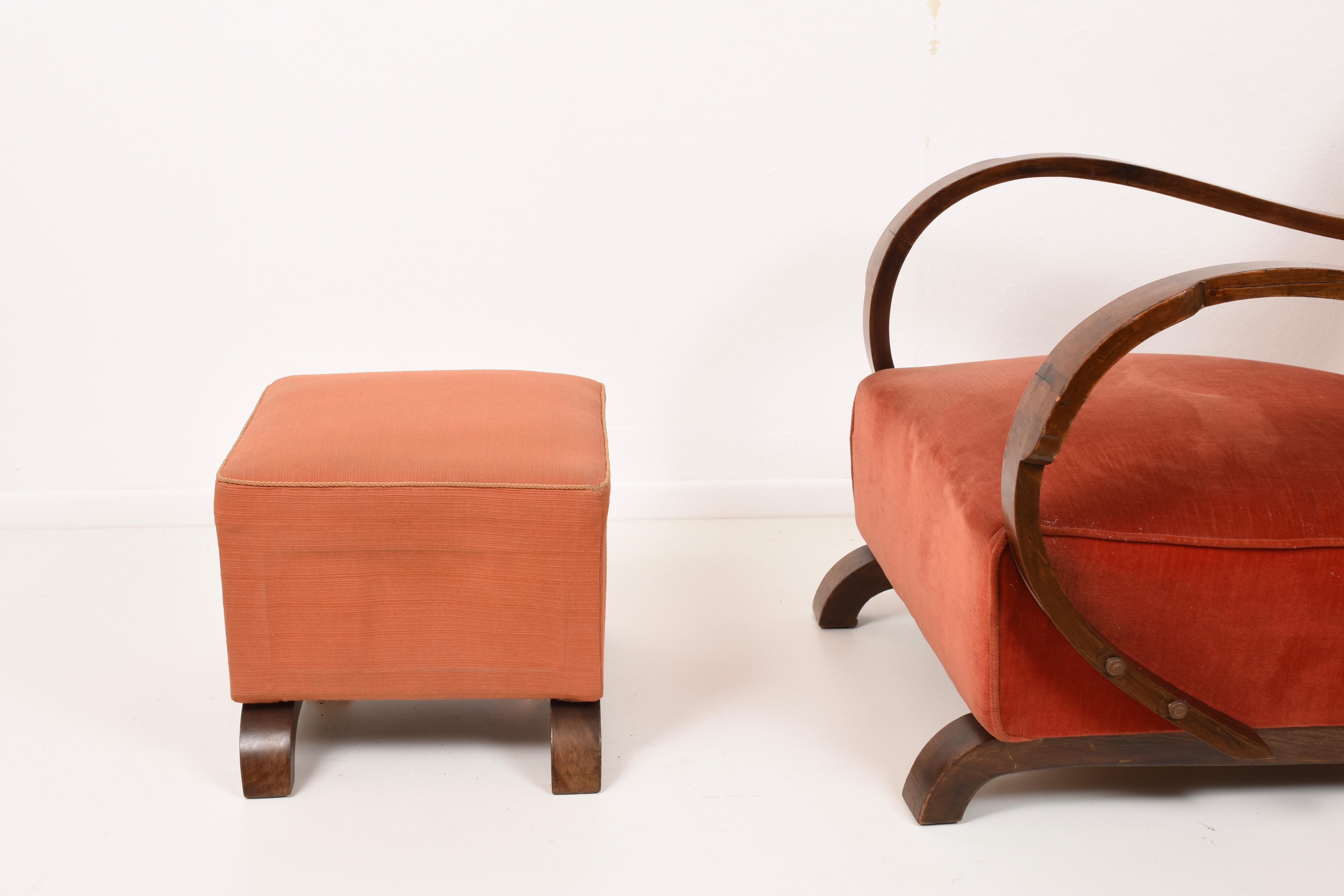 Art Deco Armchairs in Walnut and Fabric and an Ottoman, Italy, circa 1930 9