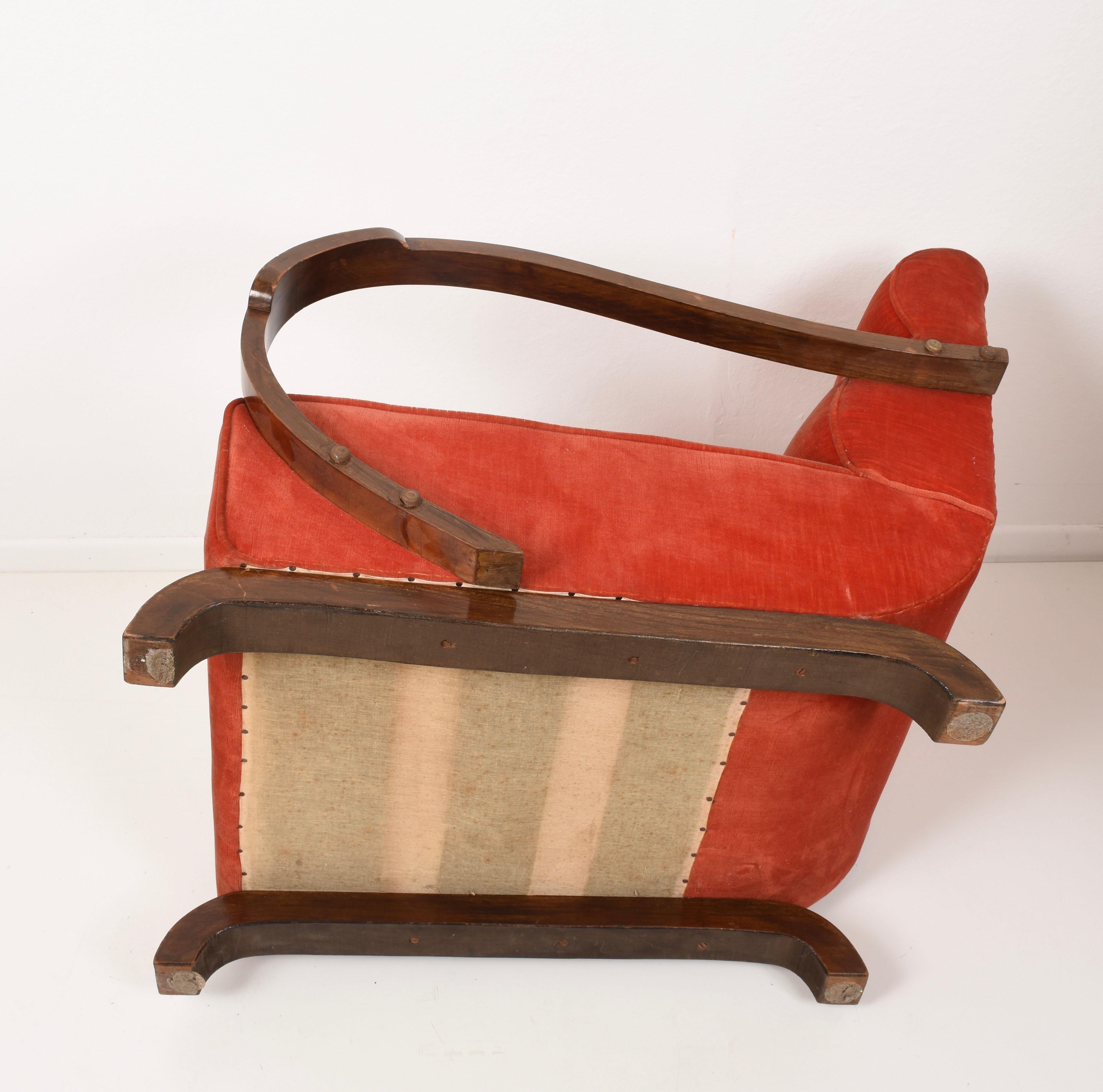 Art Deco Armchairs in Walnut and Fabric and an Ottoman, Italy, circa 1930 10