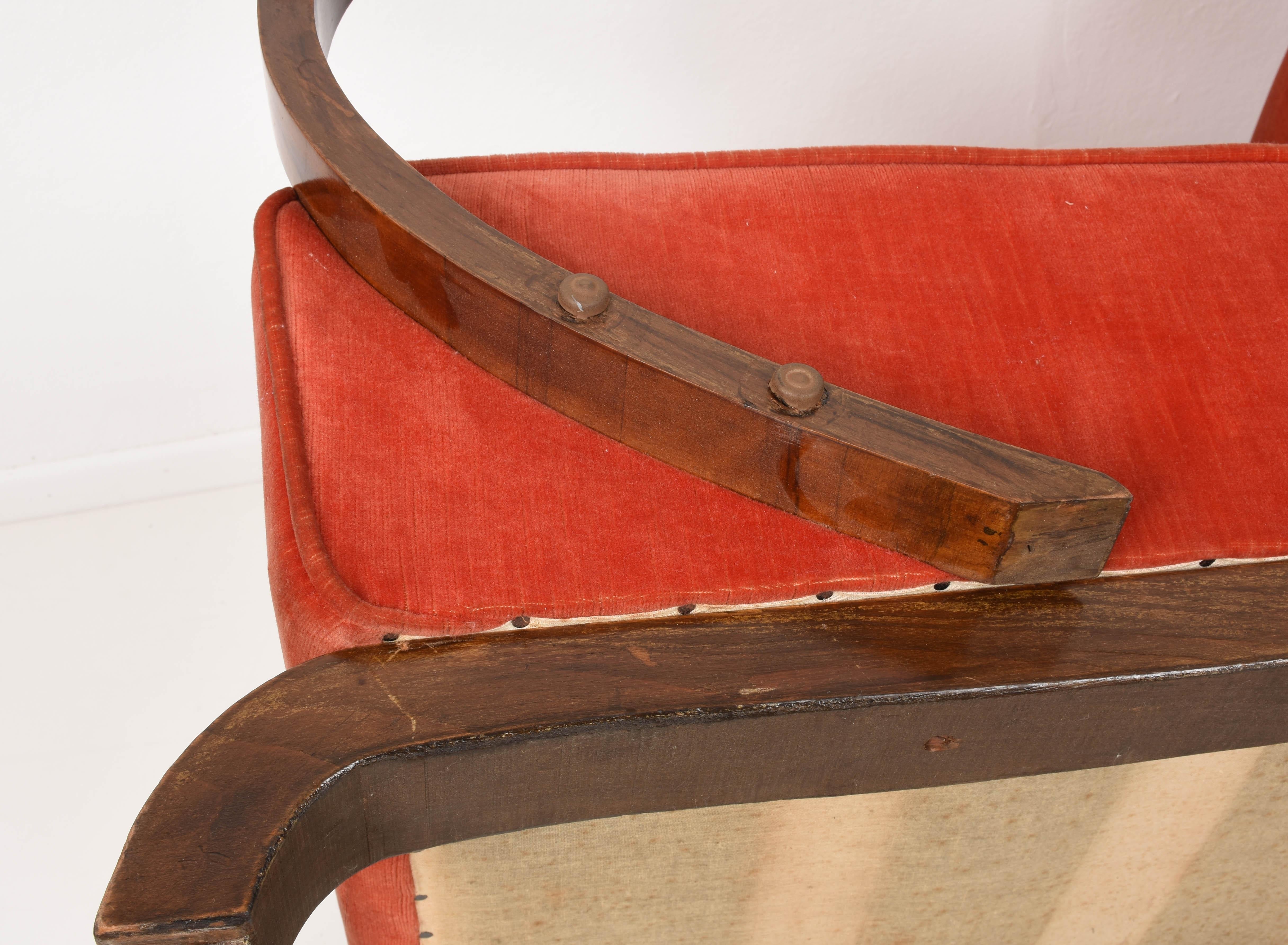 Art Deco Armchairs in Walnut and Fabric and an Ottoman, Italy, circa 1930 11