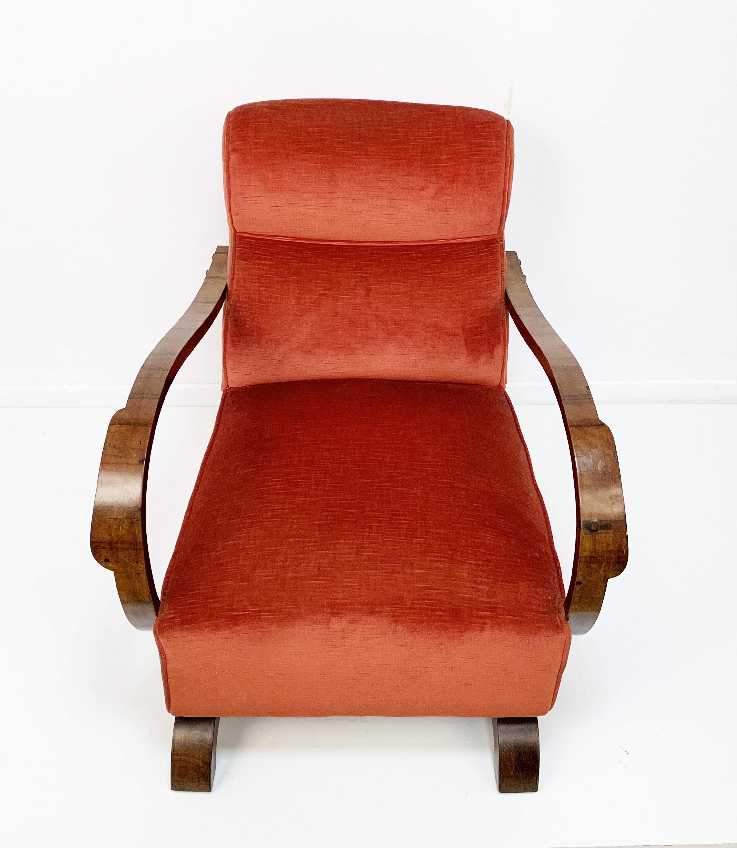 Art Deco Armchairs in Walnut and Fabric and an Ottoman, Italy, circa 1930 12