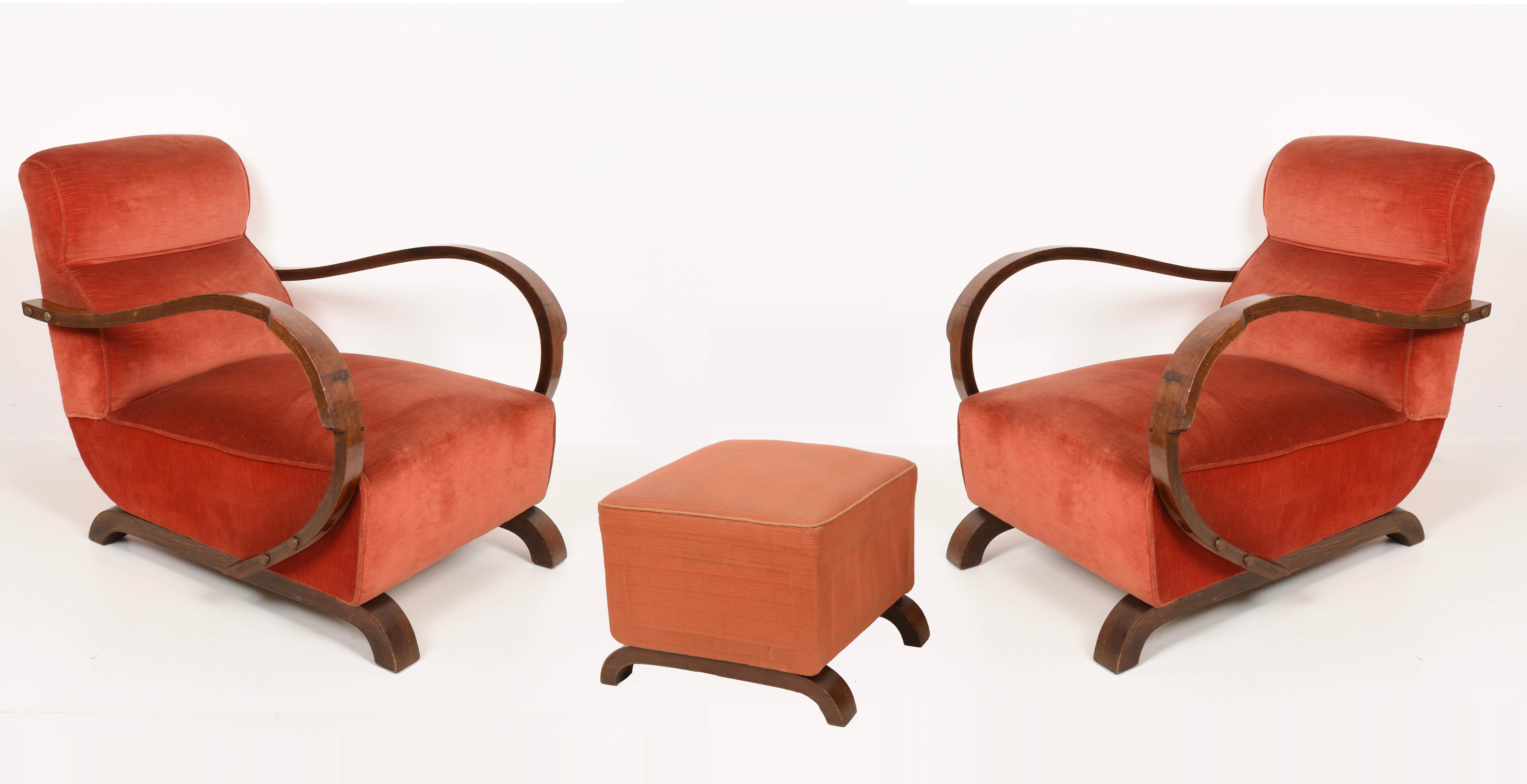 Art Deco Armchairs in Walnut and Fabric and an Ottoman, Italy, circa 1930 14