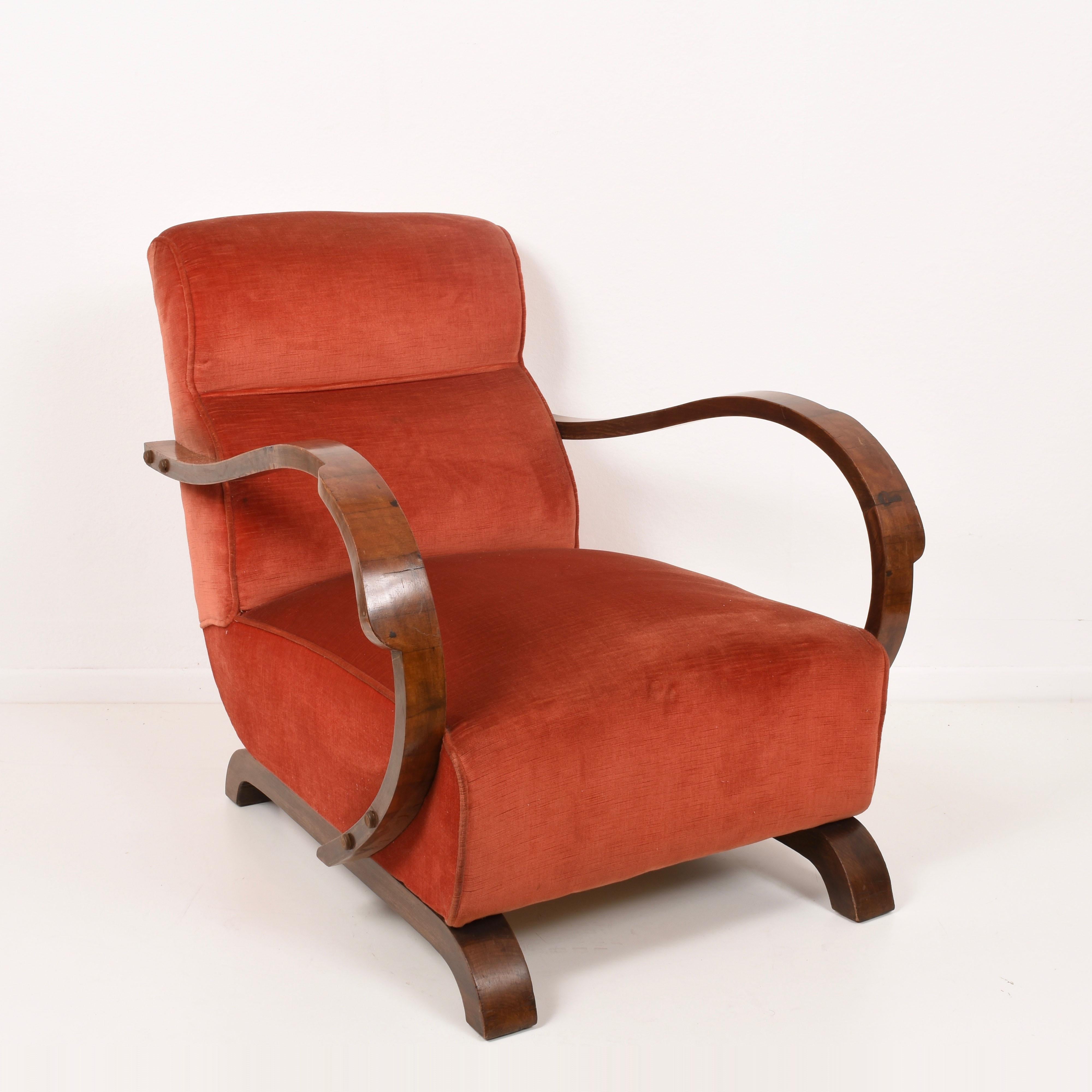 Art Deco Armchairs in Walnut and Fabric and an Ottoman, Italy, circa 1930 4