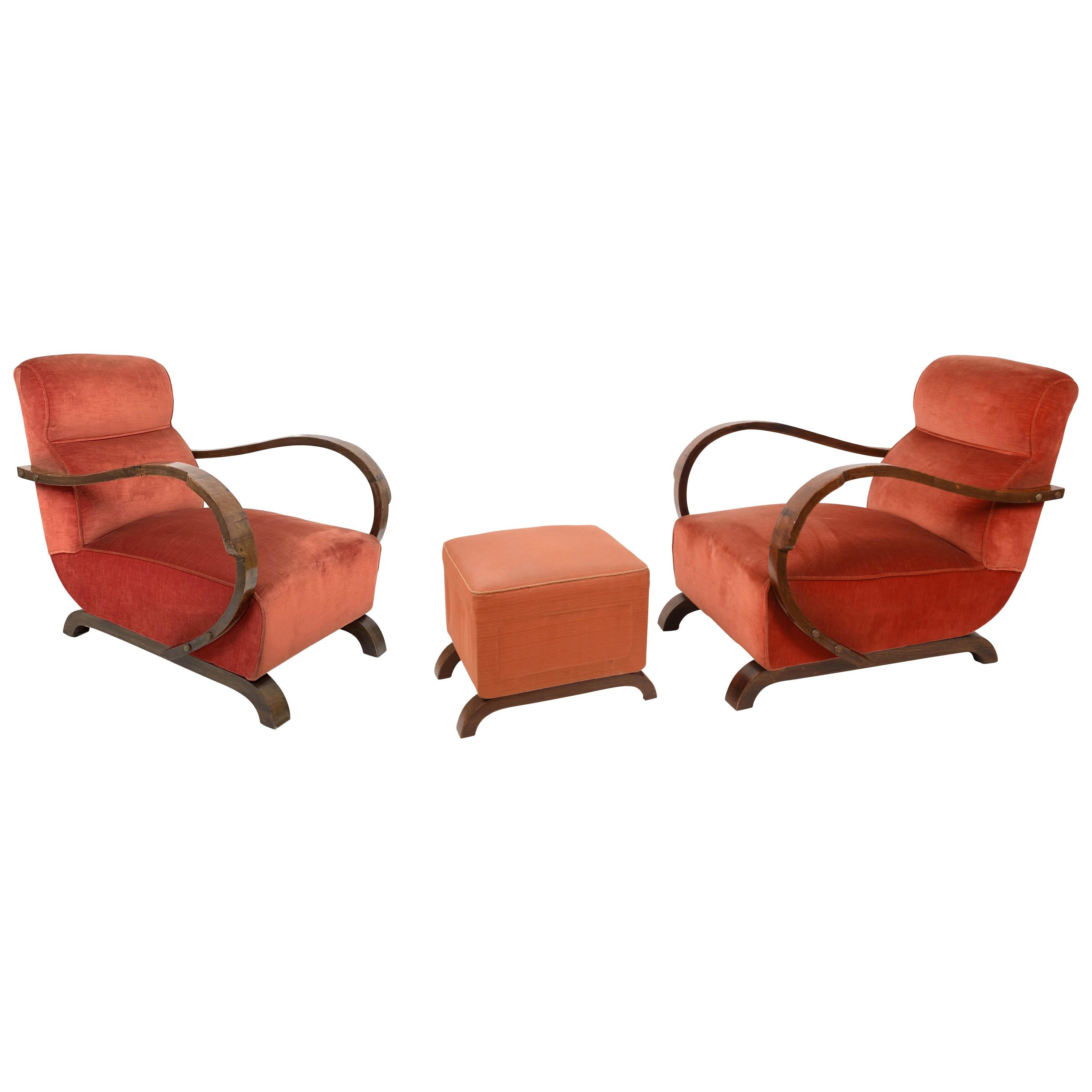 Art Deco Armchairs in Walnut and Fabric and an Ottoman, Italy, circa 1930