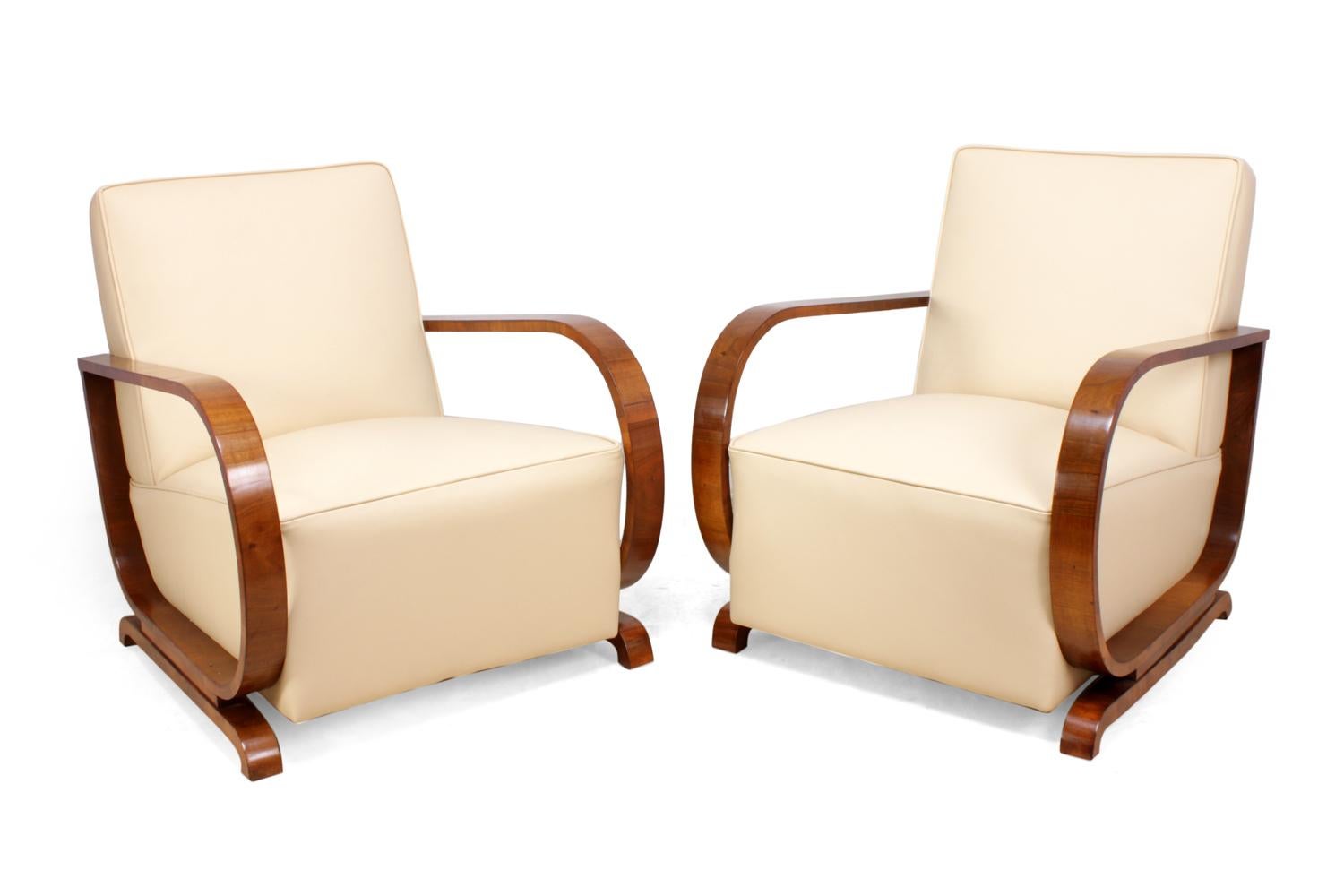 Mid-20th Century Art Deco Armchairs in Walnut and Leather, circa 1930