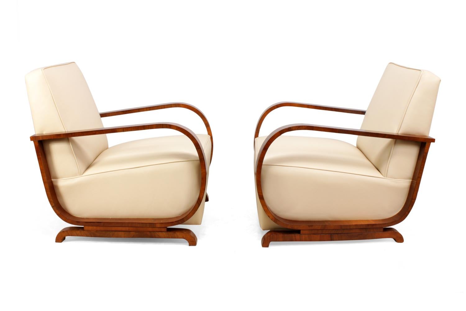 Art Deco Armchairs in Walnut and Leather, circa 1930 1
