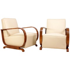 Art Deco Armchairs in Walnut and Leather, circa 1930