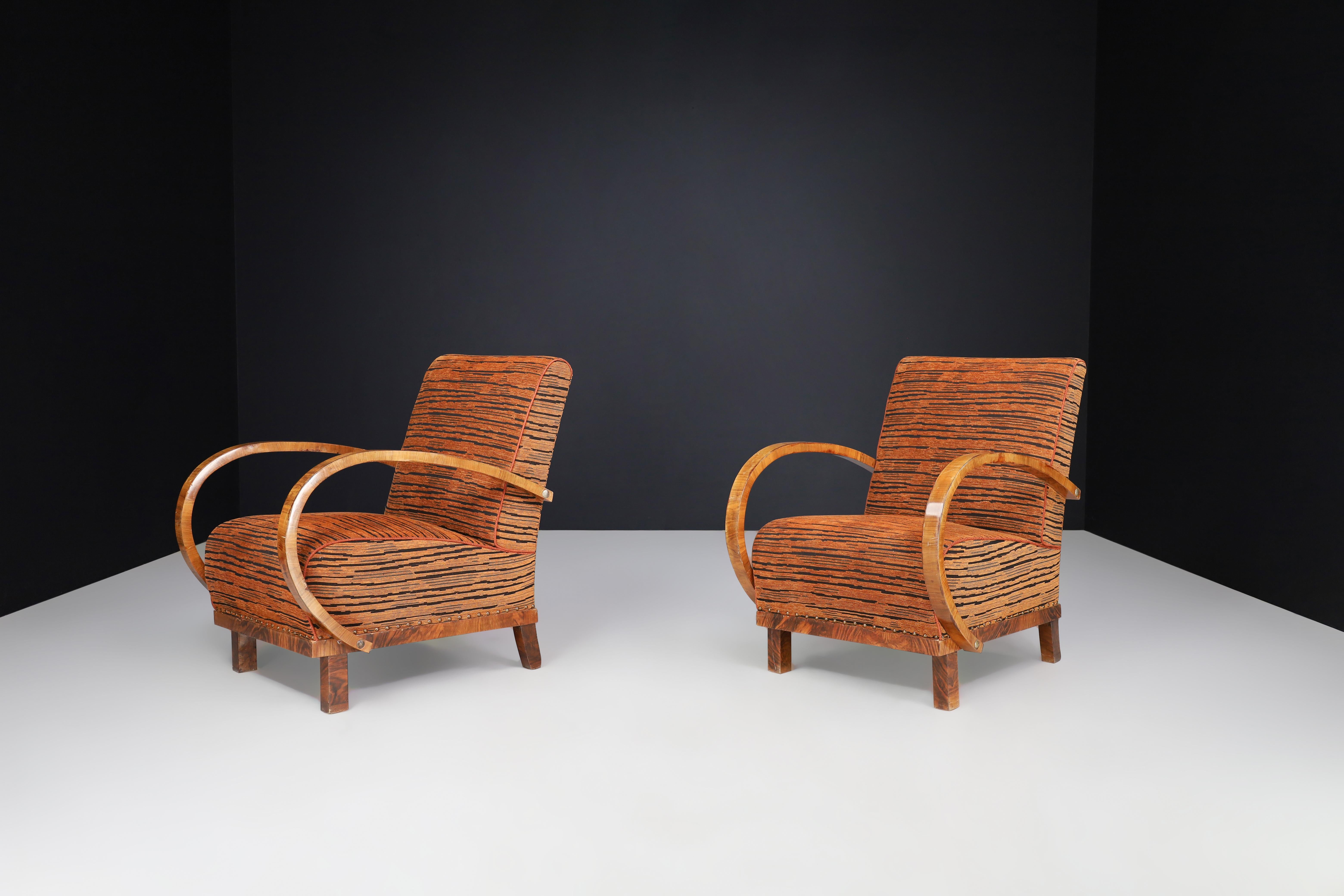 Fabric Art Deco Armchairs in Walnut in New Upholstery, Austria 1930s For Sale
