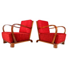 Art Deco armchairs in Walnut and Red Fabric, Italy 1930s 