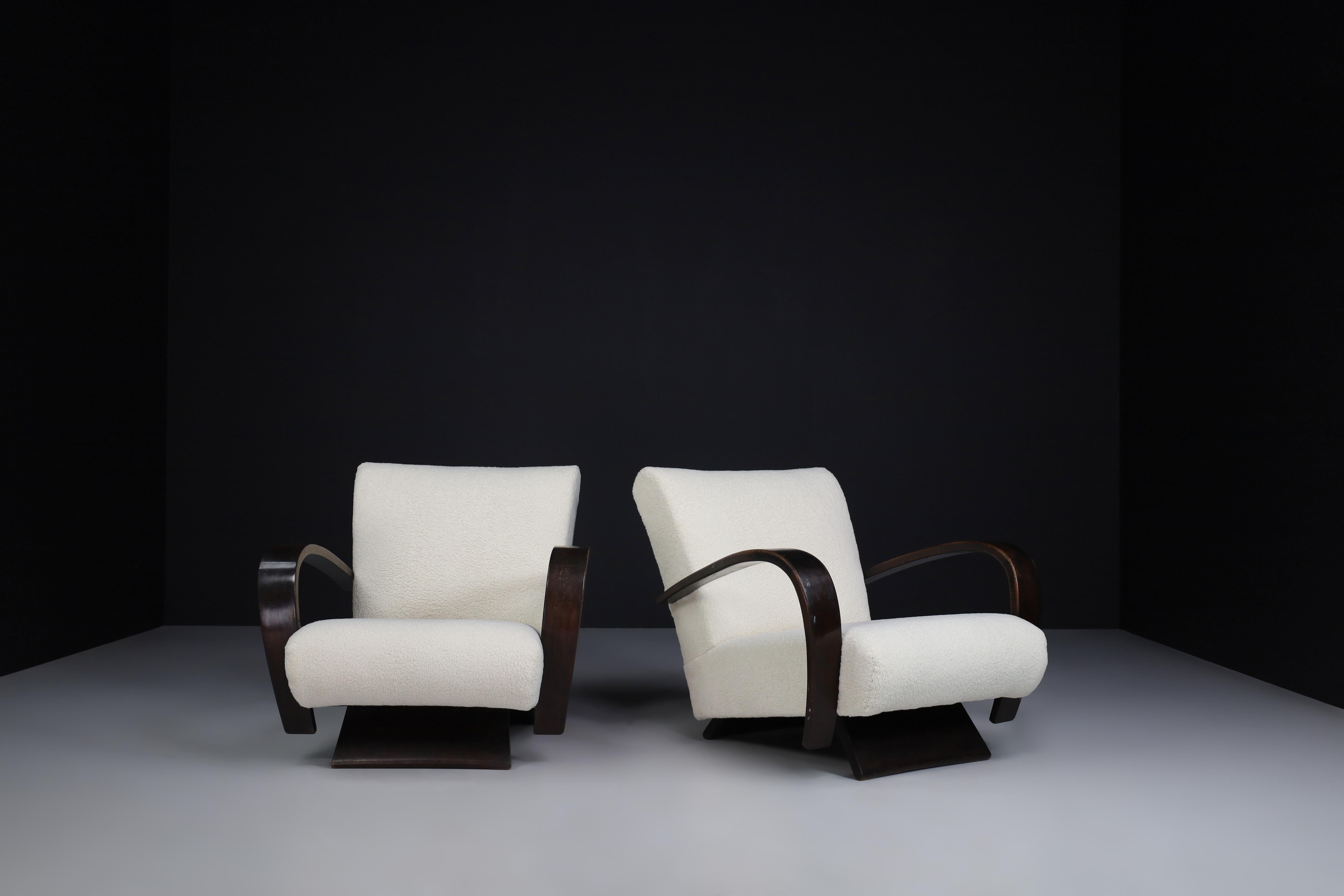 Fabric Art Deco Armchairs in Walnut and Teddy Upholstery, Italy, 1930s  For Sale