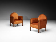 Art Deco Armchairs Oak with Sculptural Pointed Backs Pierre Frey Orange Velvet