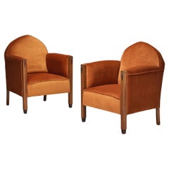 Art Deco Armchairs Oak with Sculptural Pointed Backs Pierre Frey Orange Velvet
