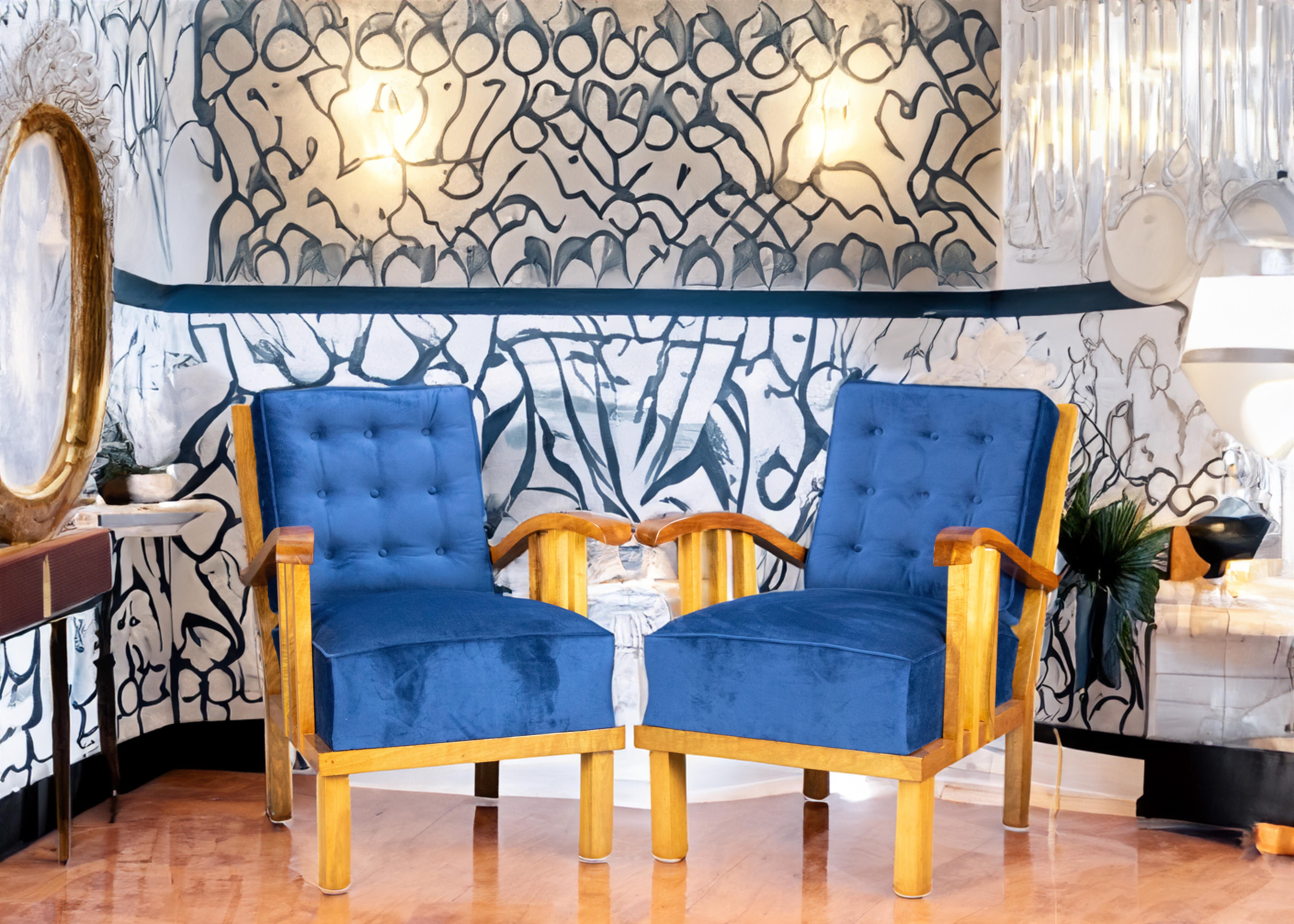 This beautiful pair of Art Deco armchairs were designed by the reknowned Hungarian designer Lajos Kozma. The armchairs underwent careful restoration - the wood surface was treated with shellac, the upholstery was carefully restored using period