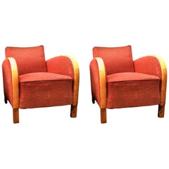 Art Deco Armchairs Swedish Early 20th Century Golden Birch Bentwood Arms Red