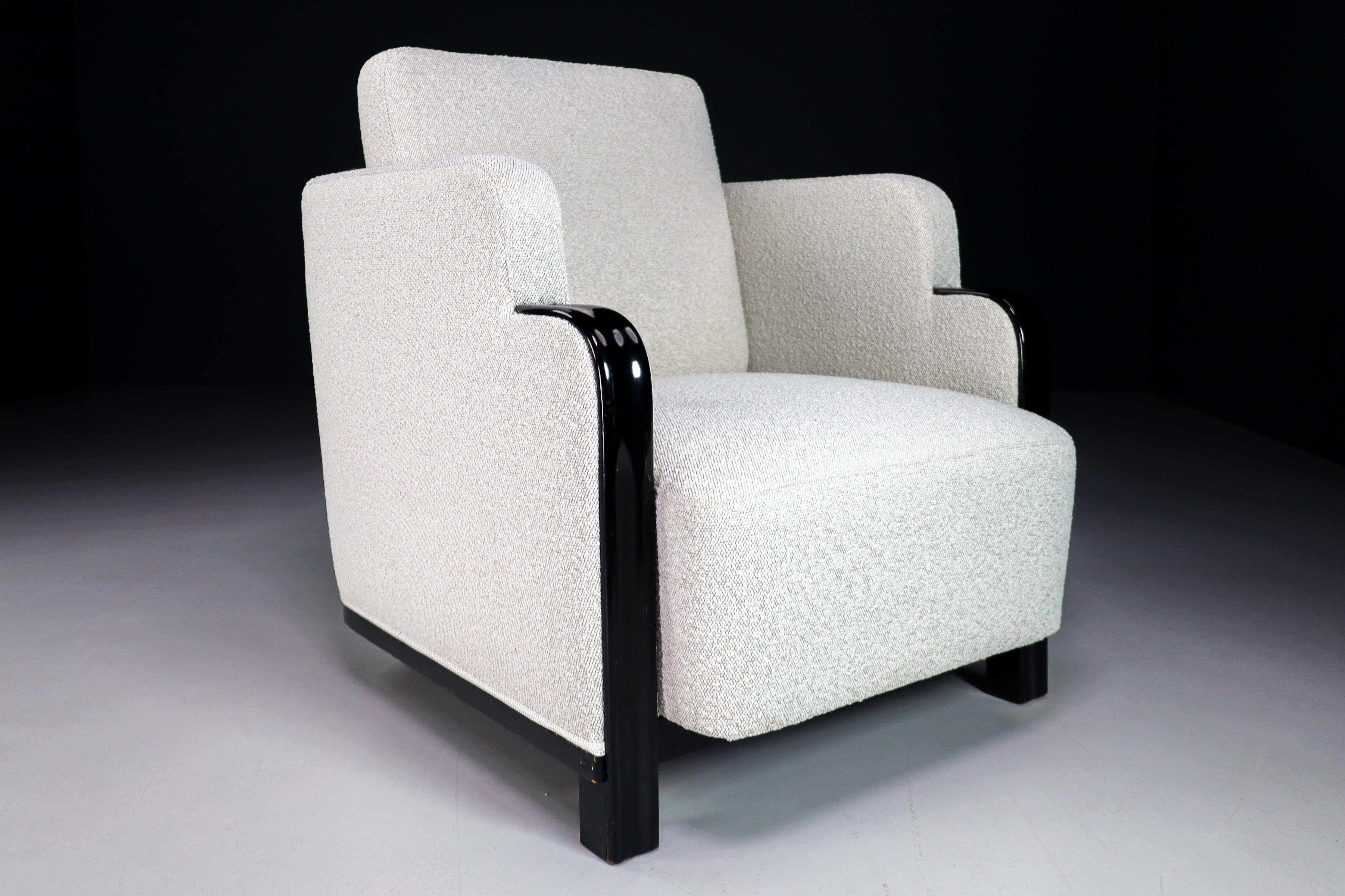 Art Deco Armchairs with Black Wood & Reupholstered in Bouclé Fabric France '30s For Sale 4